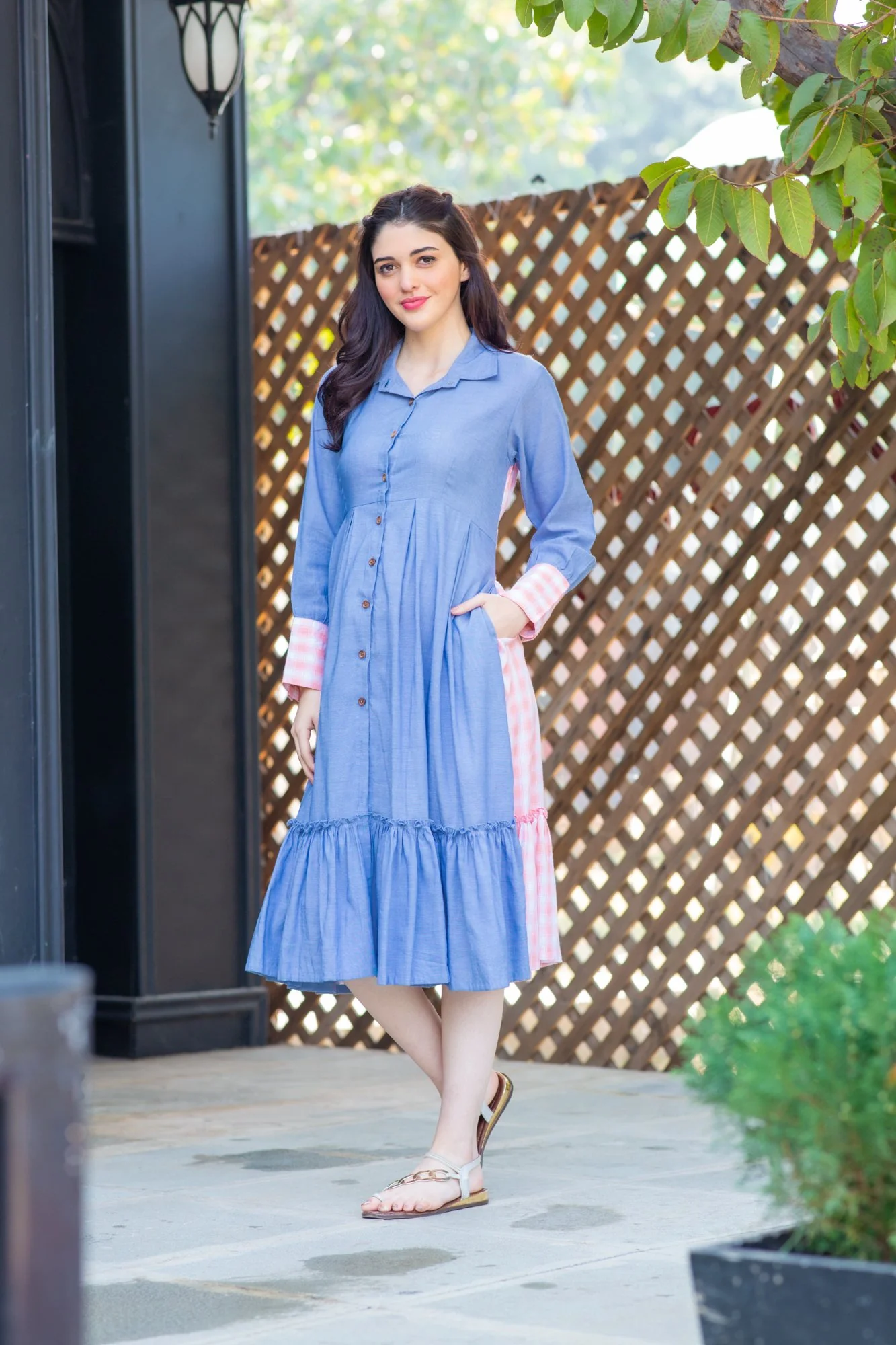 Blue Pink Cotton Maternity & Nursing Dress - Chenance