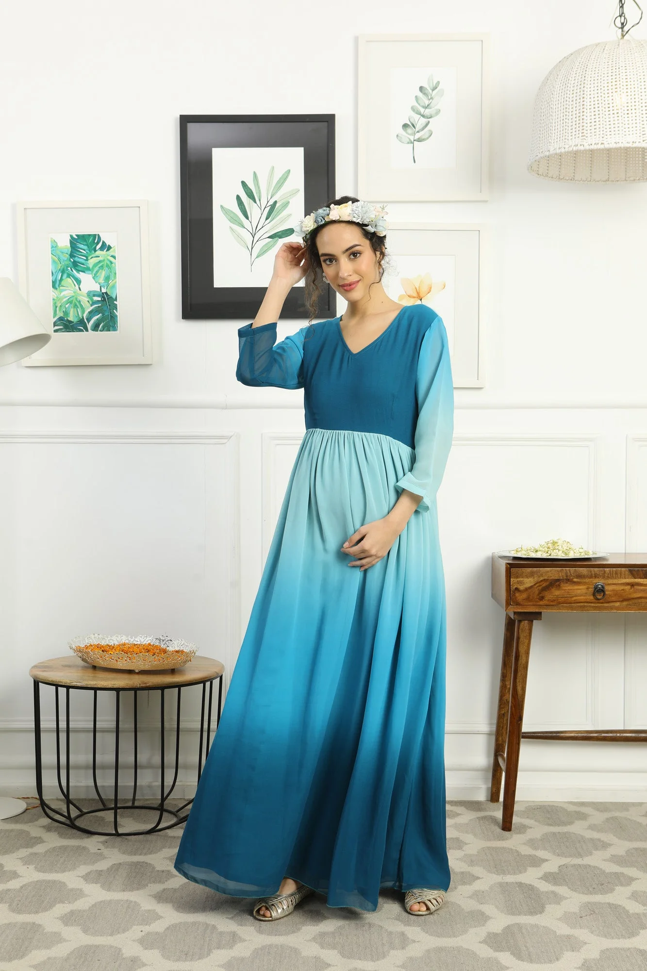 Paradise Blue Monochromatic Maternity Flow Maxi Dress - Chenance
