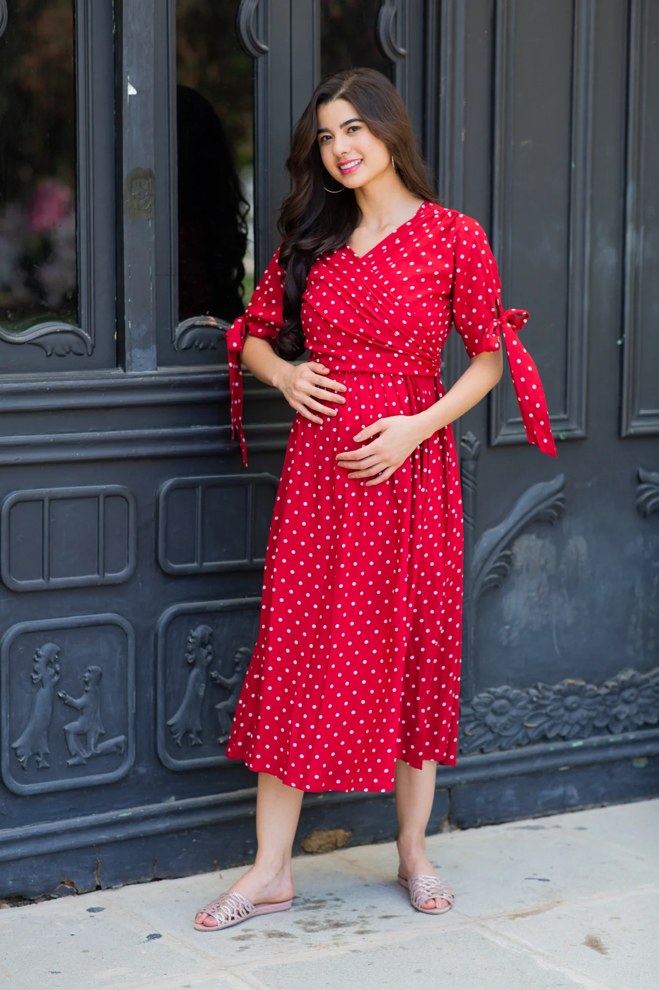 Paradise Cherry Dotted Maternity & Nursing Midi Wrap Dress - Chenance