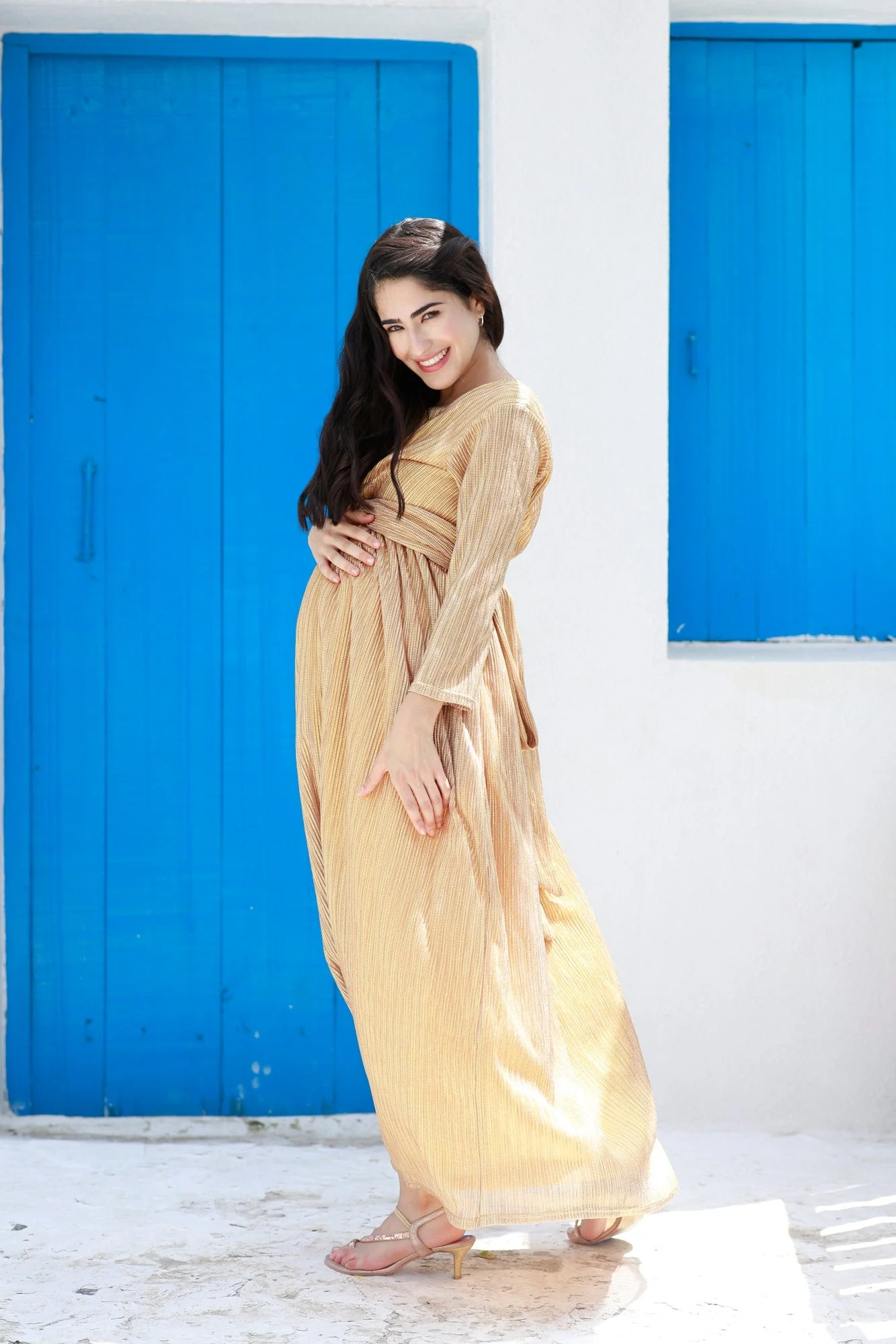 Luxe Golden Shimmery Maternity Knot Dress - Chenance