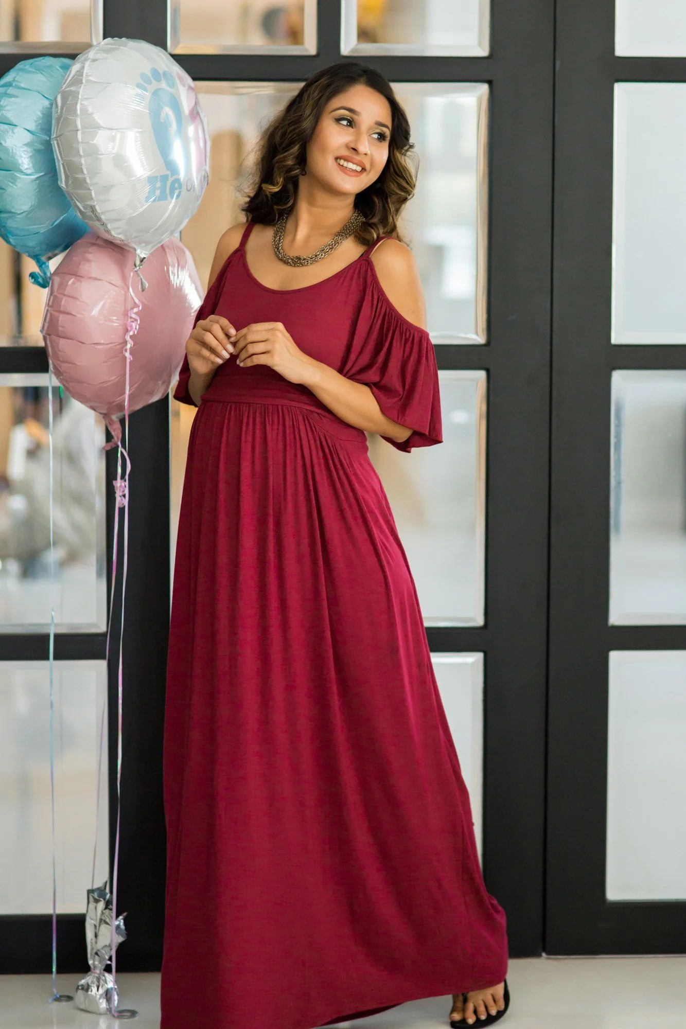 Burgandy Cold Shoulder Maternity Maxi Dress - Chenance