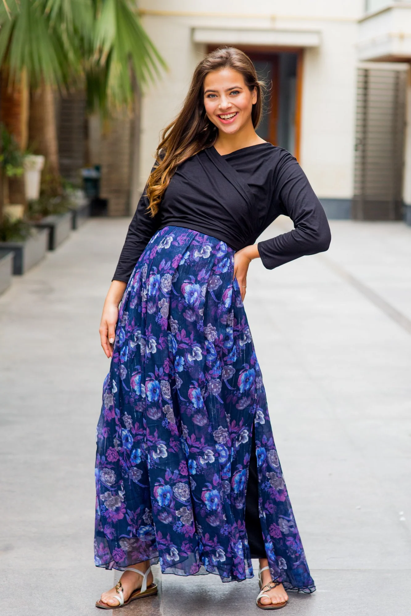 Luxe Violet Floral Chiffon Maternity & Nursing Wrap Dress - Chenance