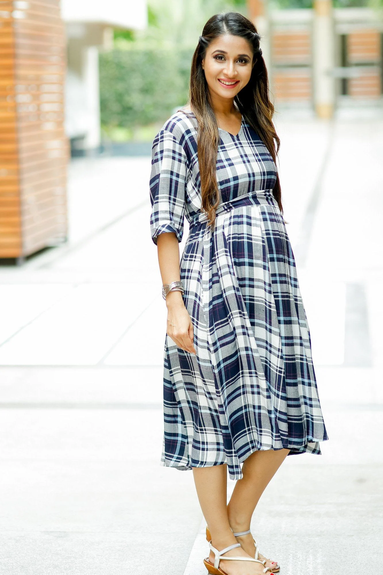 Royal Navy Plaid Concealed Zips Maternity and Nursing Dress - Chenance