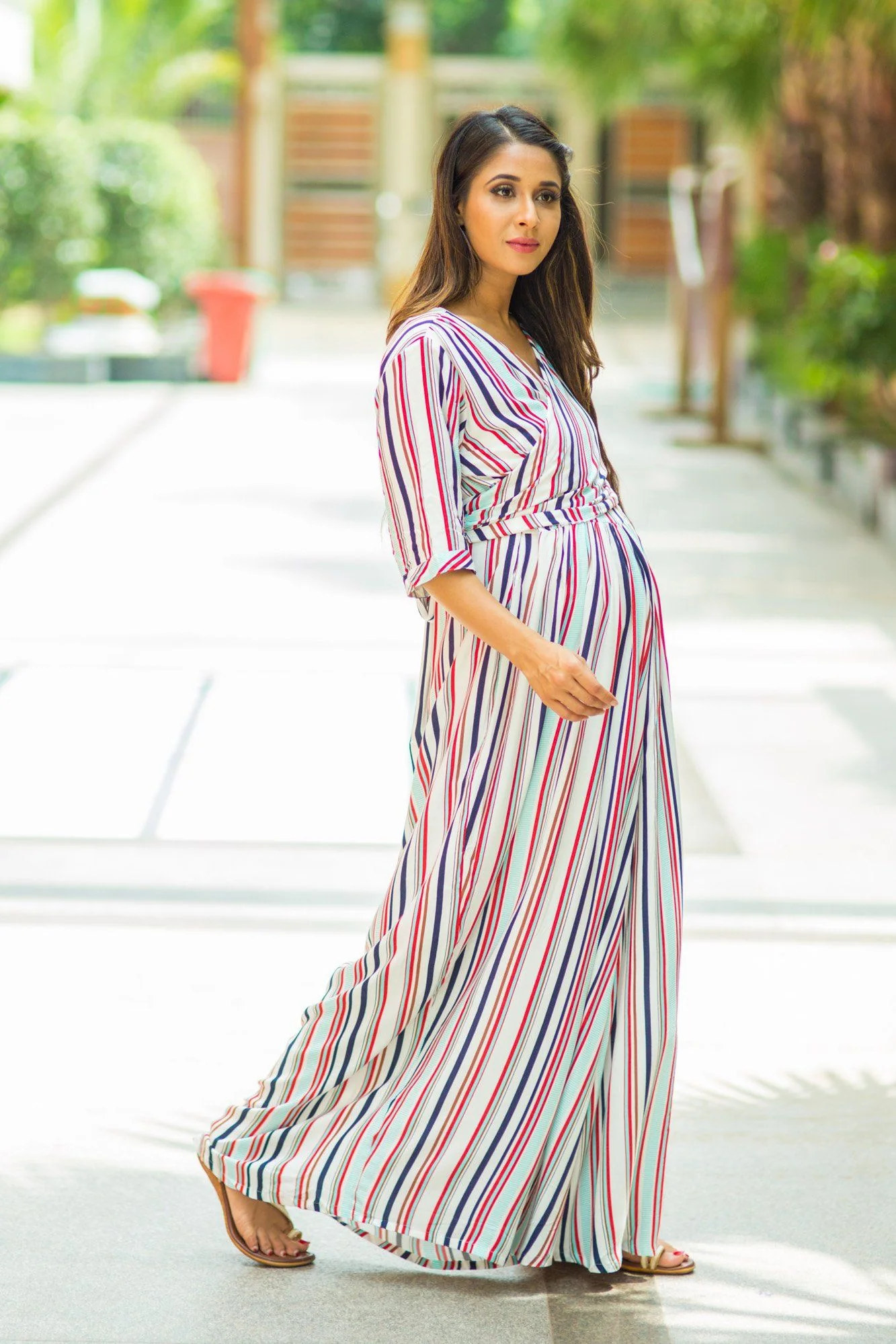 Striped Sleek Maternity & Nursing Wrap Dress - Chenance