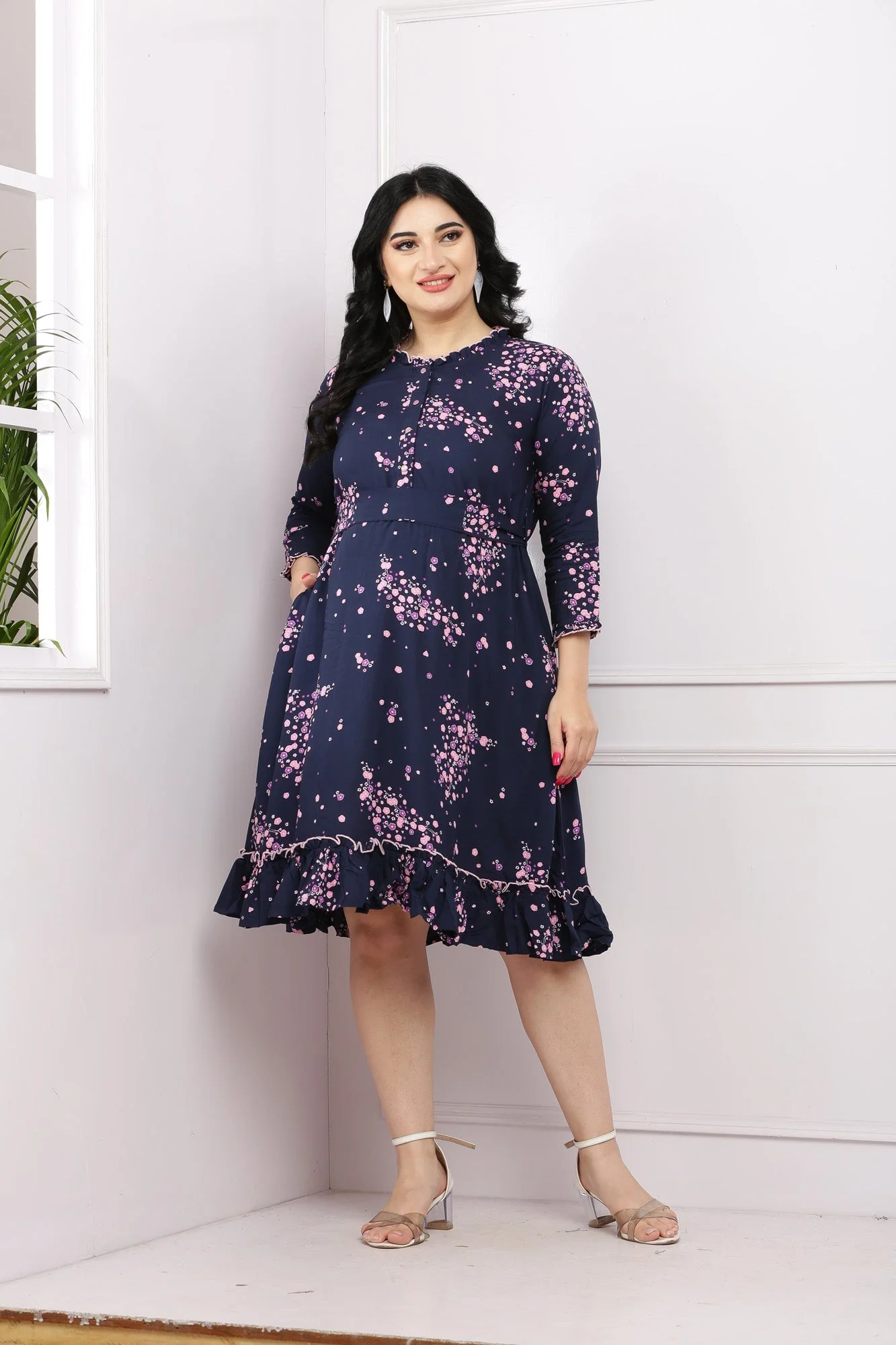 Charming Midnight Blossom Maternity & Nursing Frill Dress - Chenance
