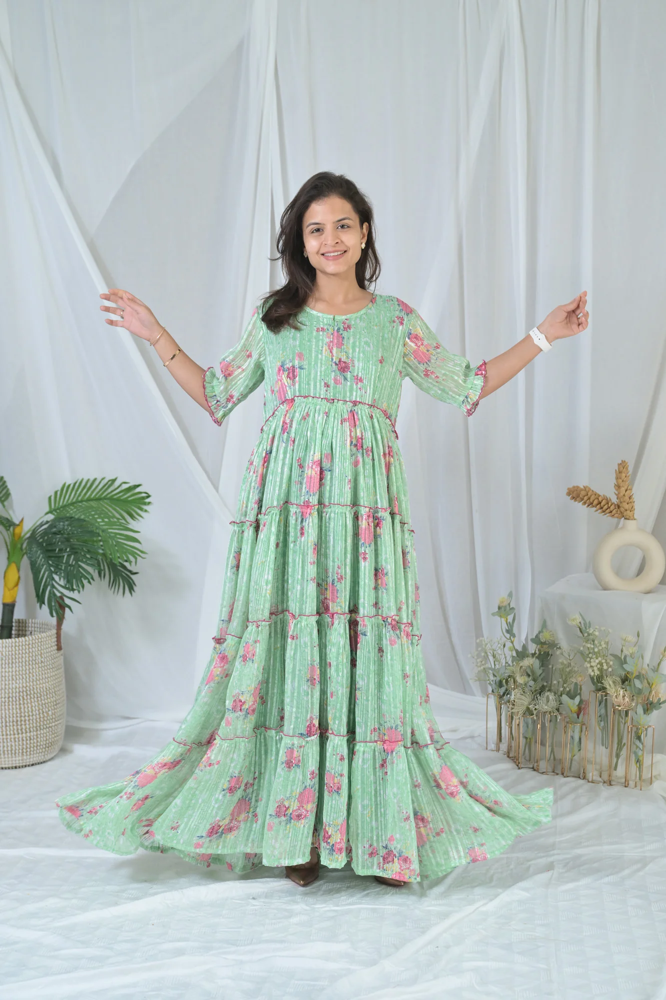 Graceful Mint Green Frill Maternity & Nursing Dress - Chenance