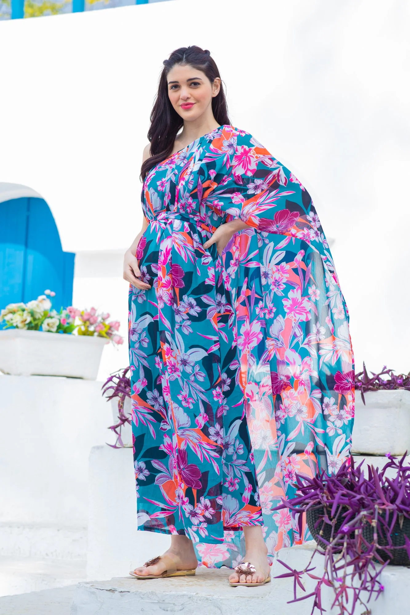 Luxe Chiffon One Shoulder Floral Maternity Gown - Chenance