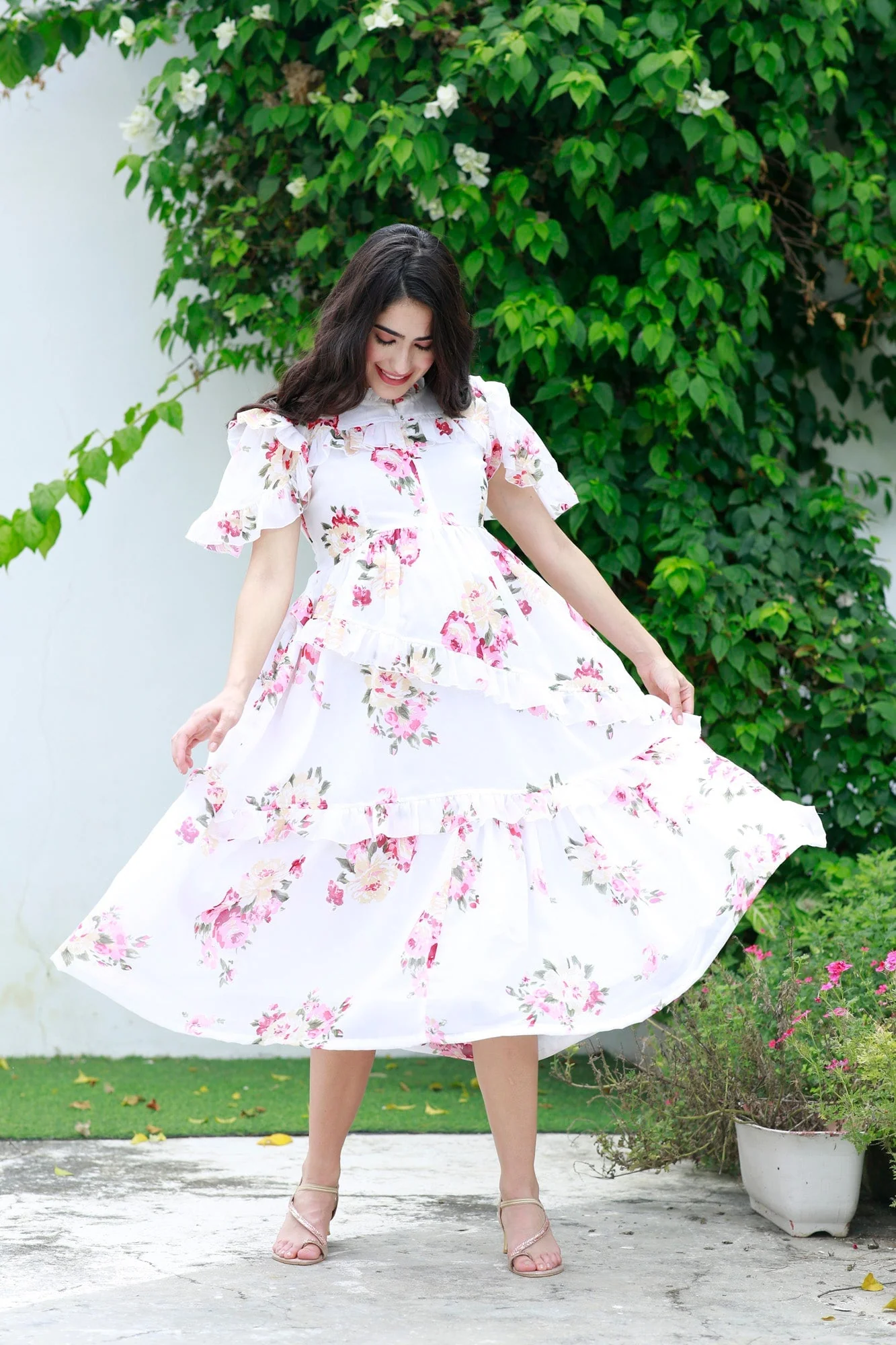 Soothing White Floral Maternity & Nursing Frill Dress - Chenance