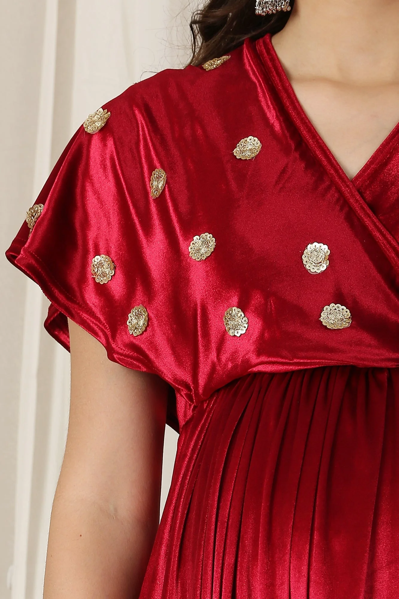 Graceful Hot Red Velvet Maternity & Nursing Embroidered Wrap Dress - Chenance