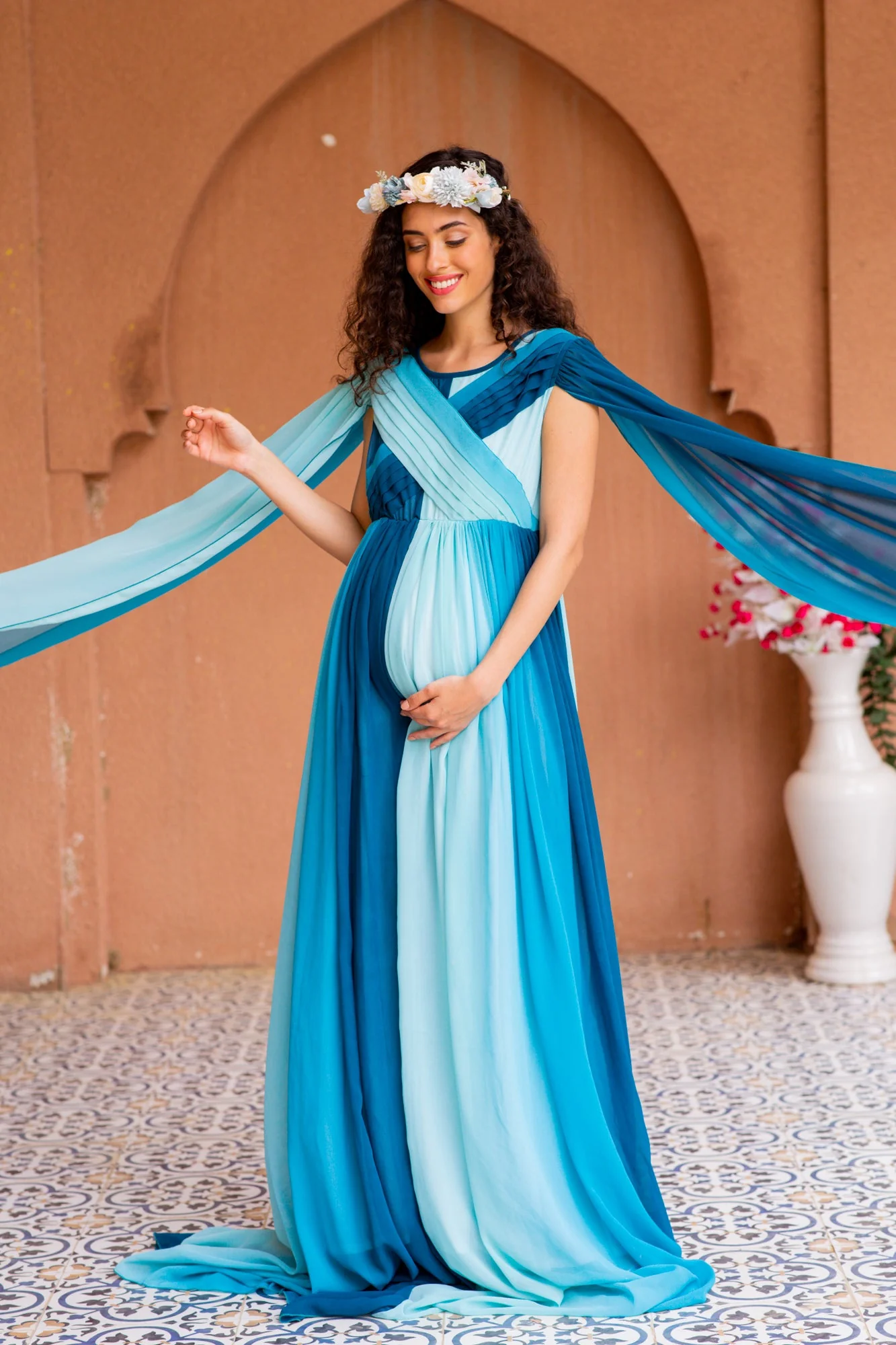 Victoria Blue Monochromatic Maternity Trail Photoshoot Gown - Chenance