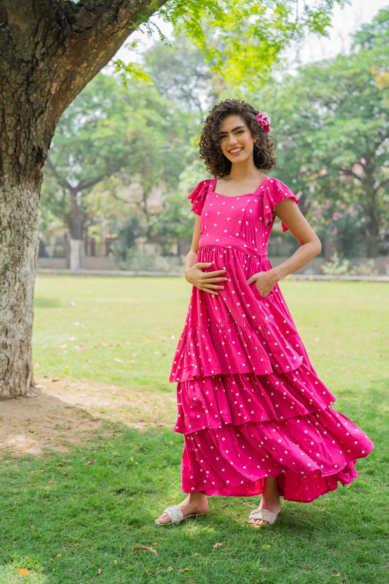 Lovable Fuchsia Baby Polka Maternity & Nursing Frill Dress (100% Cotton) - Chenance