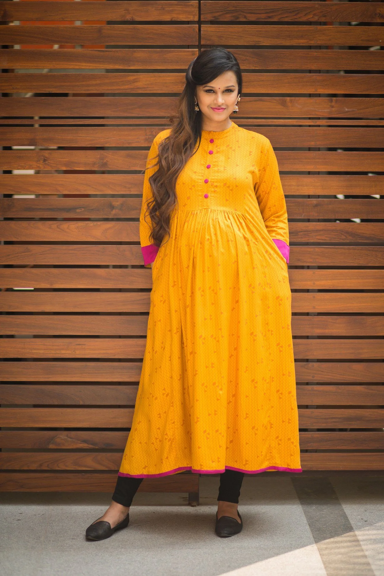 Mustard Yellow & Fuscia Long Maternity & Nursing Kurta - Chenance