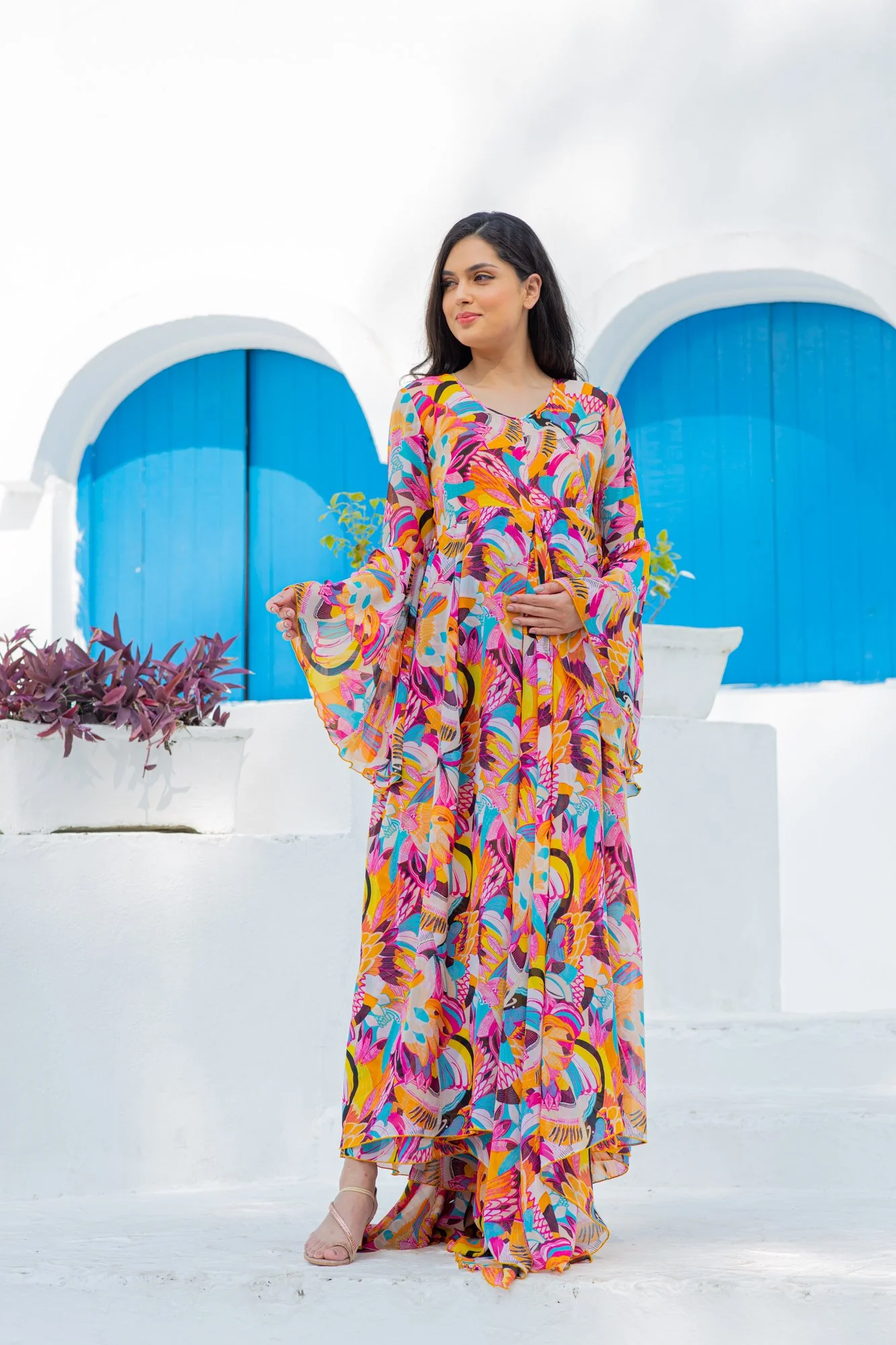 Vibrant Boho Maternity & Nursing Flair Concealed Zip Dress - Chenance
