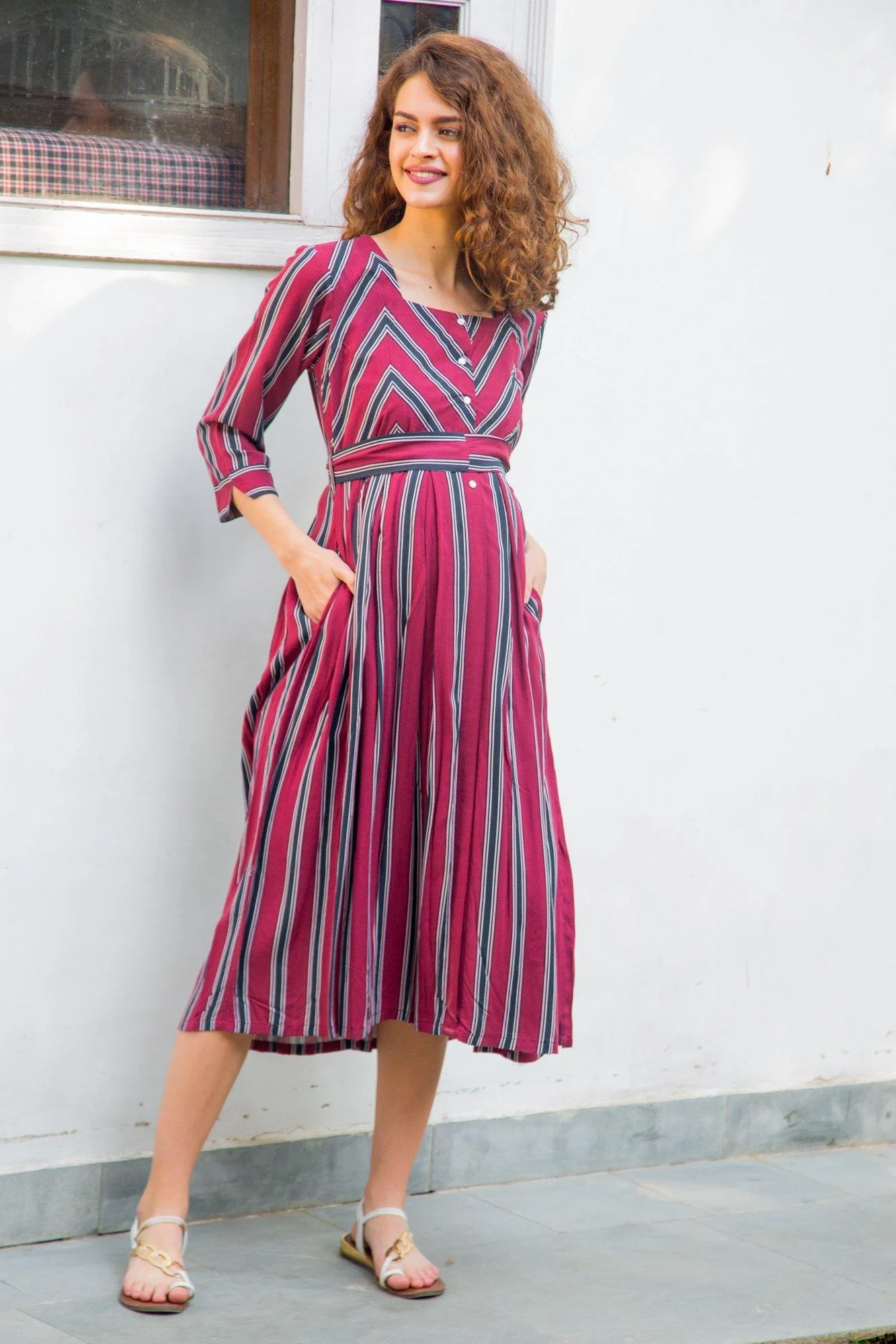 Maroon Striped Pocket Maternity & Nursing Dress - Chenance