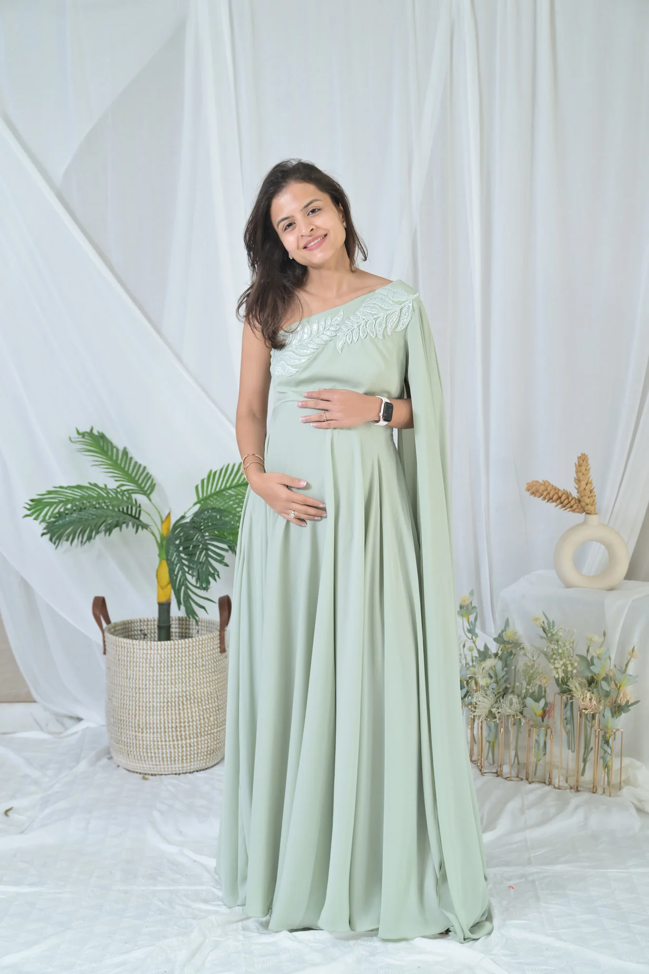Luxe Sage Green Embroidered Maternity Satin Gown - Chenance