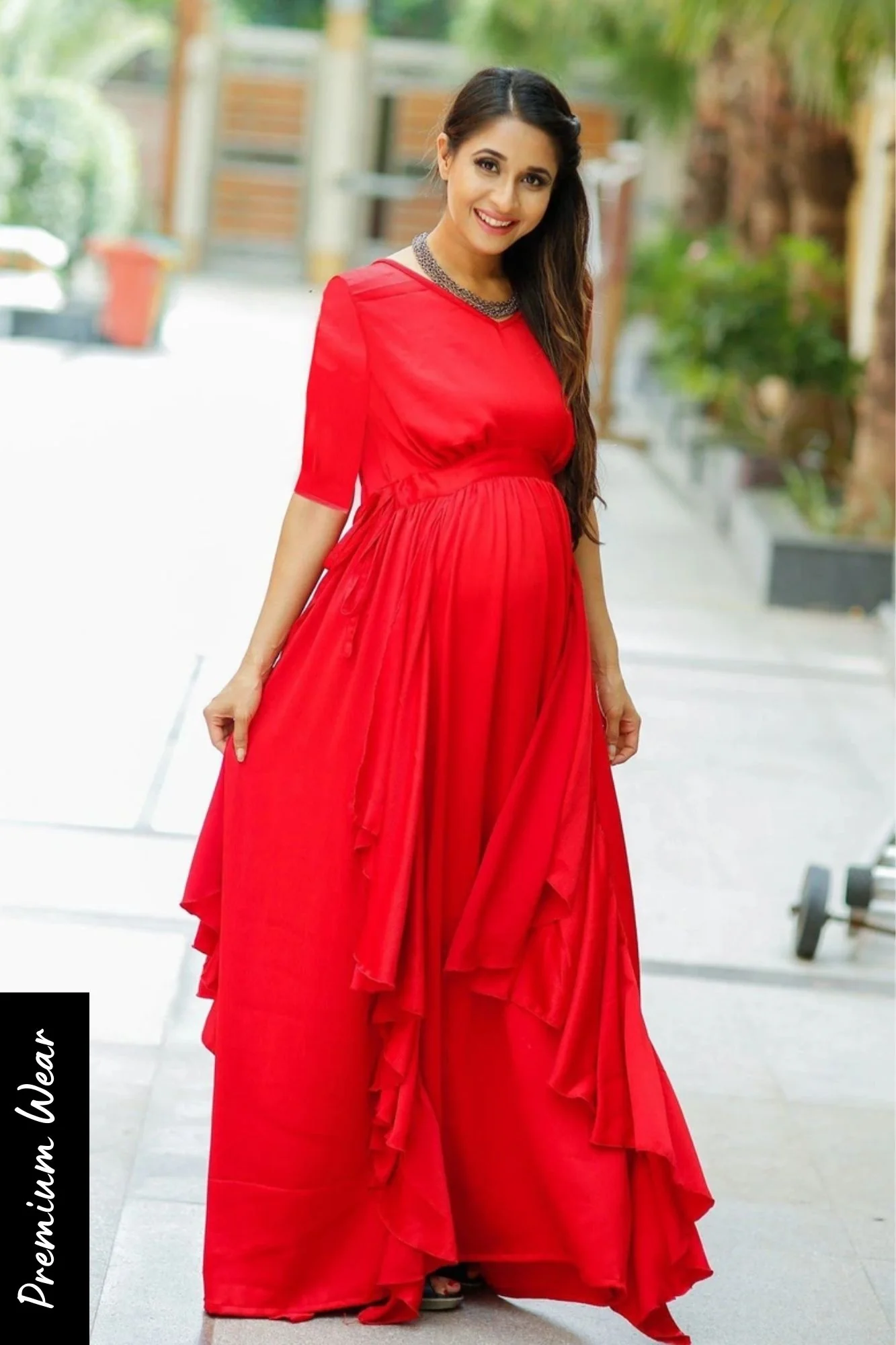 Luxe Candy Red Maternity Flow Dress With Sleeves - Chenance
