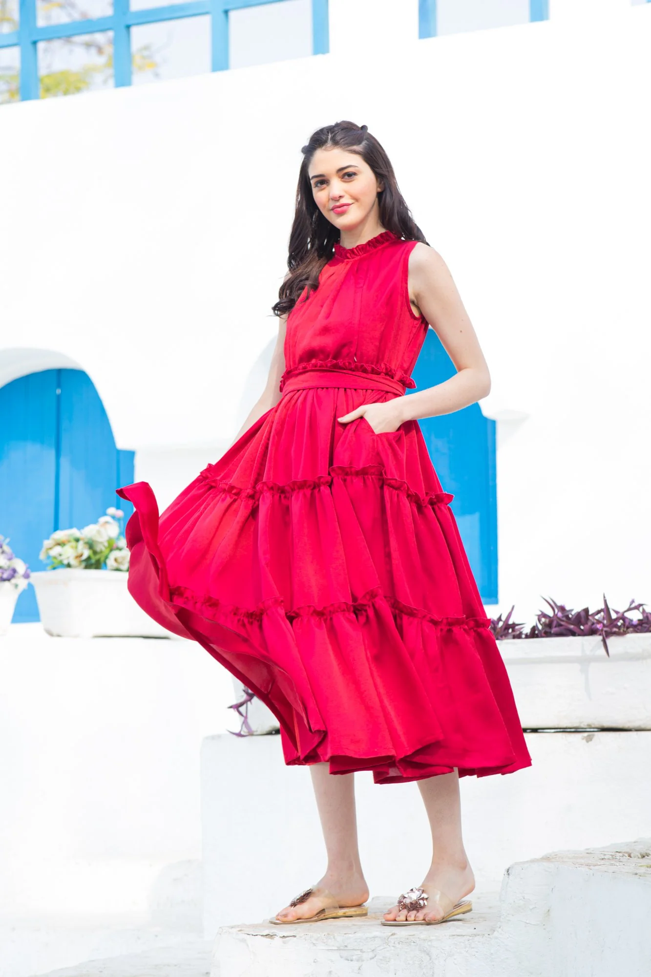 Hot Red Maternity & Nursing Concealed Zips Frill Dress - Chenance