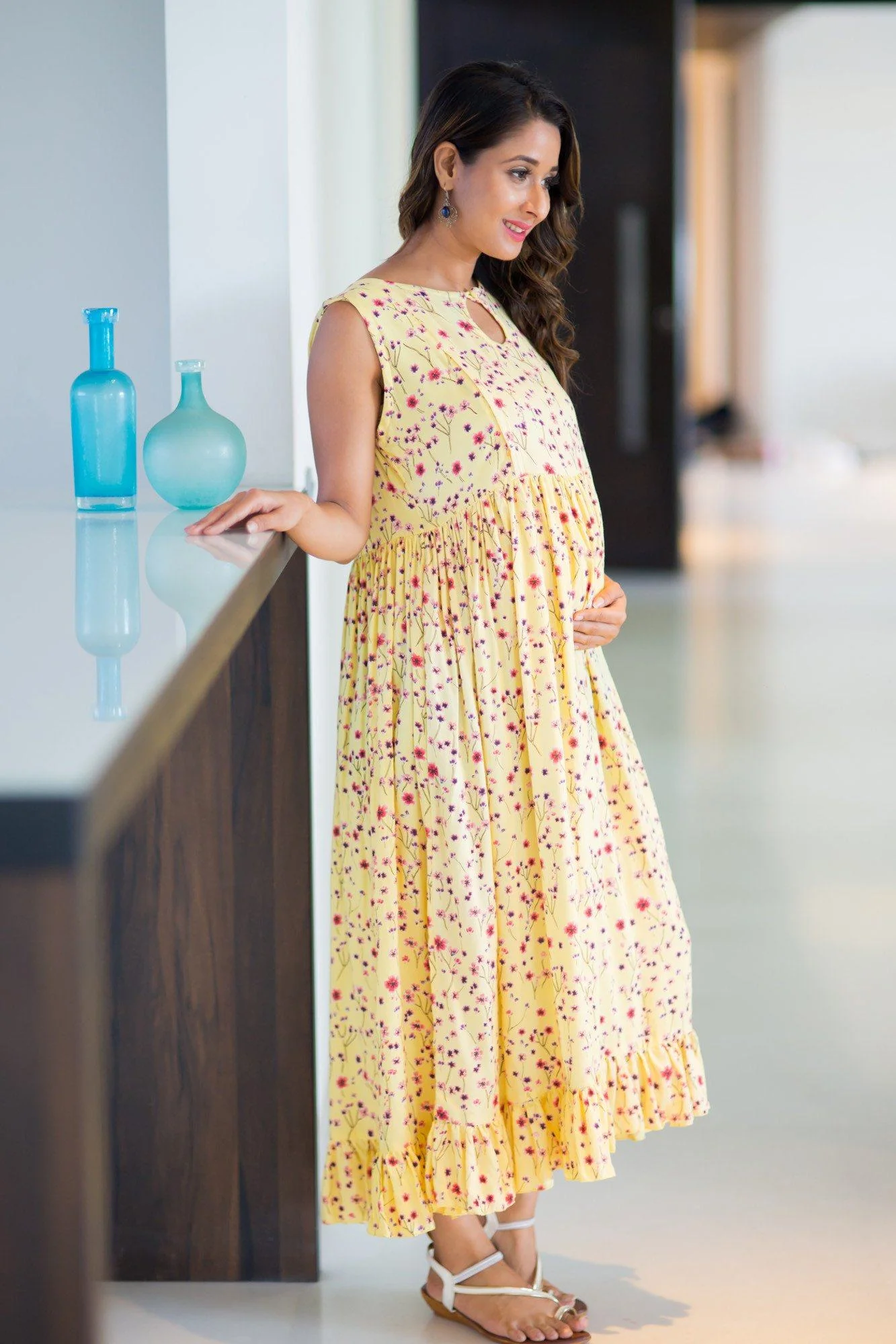 Happy Yellow Frill Concealed Zips Nursing Dress - Chenance