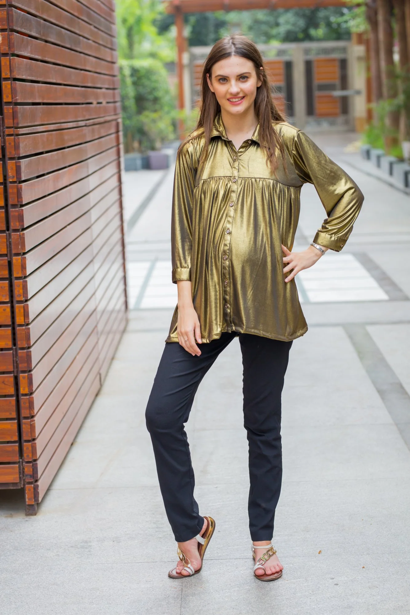 Shimmer Gold Gathered Maternity & Nursing Top - Chenance