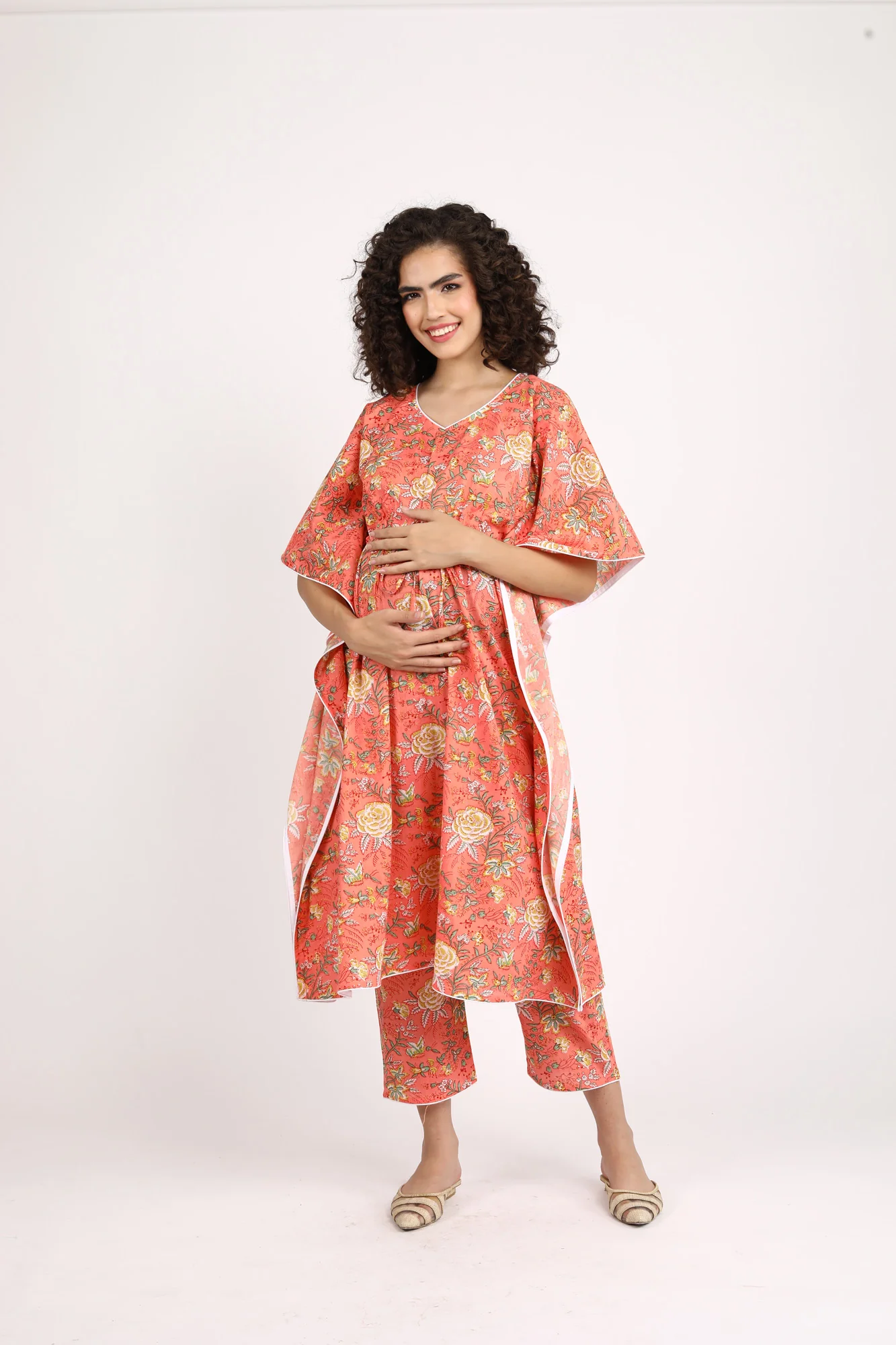 Luxe Tangerine Red Maternity Lounge Kaftan Set (2 pc) (100% Cotton) - Chenance