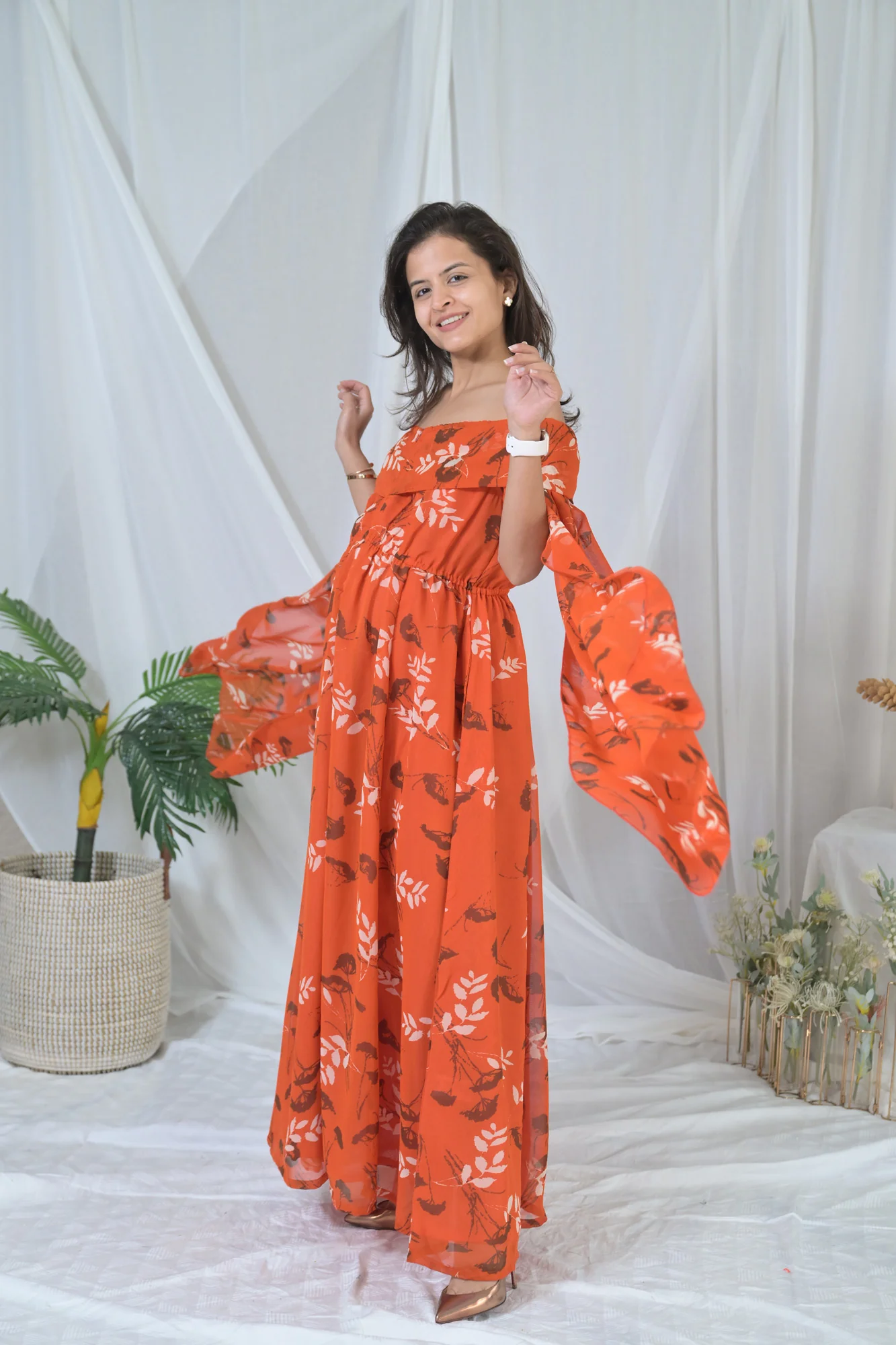 Elegant Rust Floral Butterflying Sleeves Maternity & Nursing Dress - Chenance