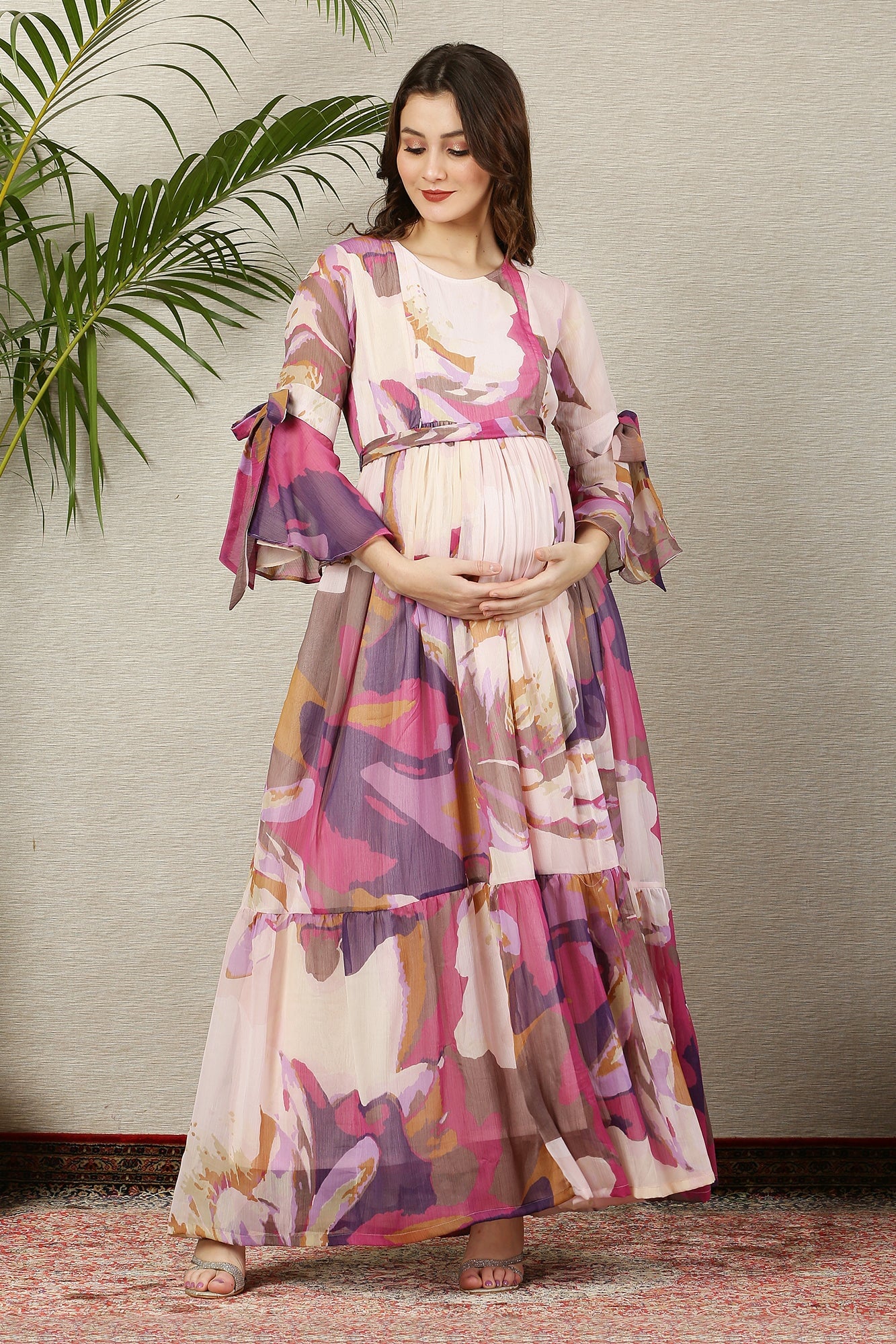 White Cascading Dusty Pinkish Maternity & Nursing Frill Dress - Chenance