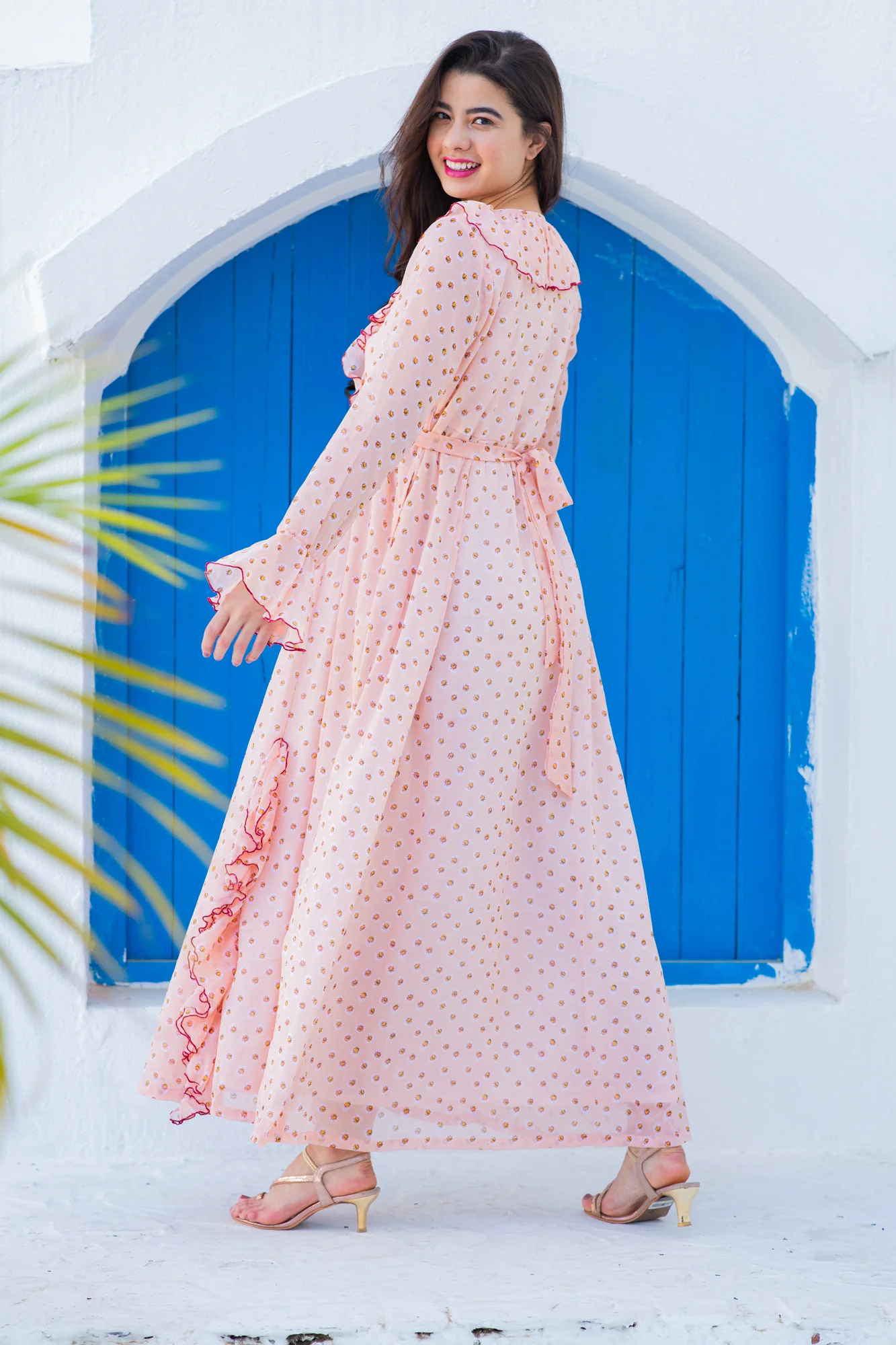 Miami Peach Dotted Maternity Frill Dress - Chenance