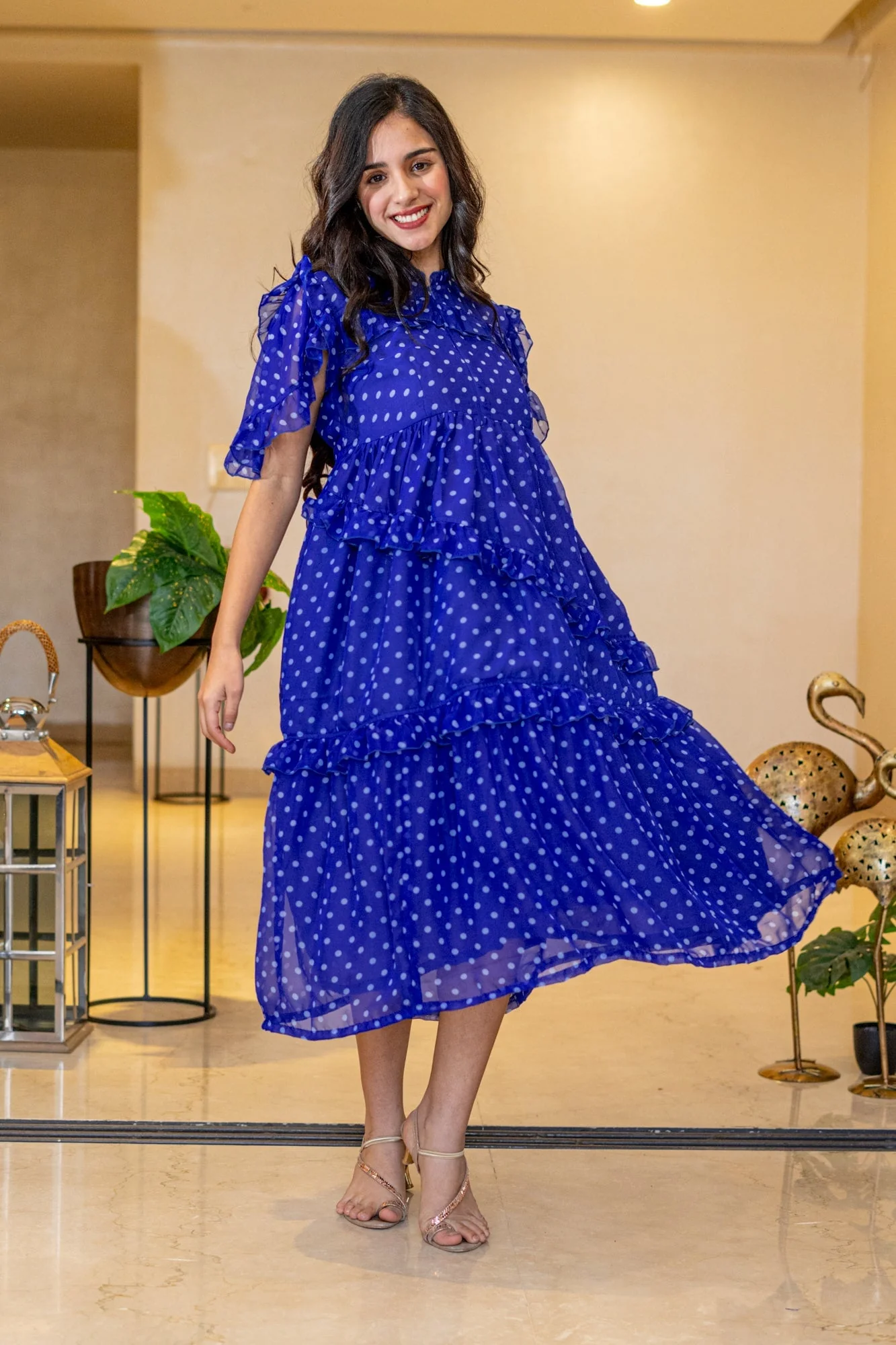Breezy Cobalt Blue Polka Maternity & Nursing Frill Dress - Chenance