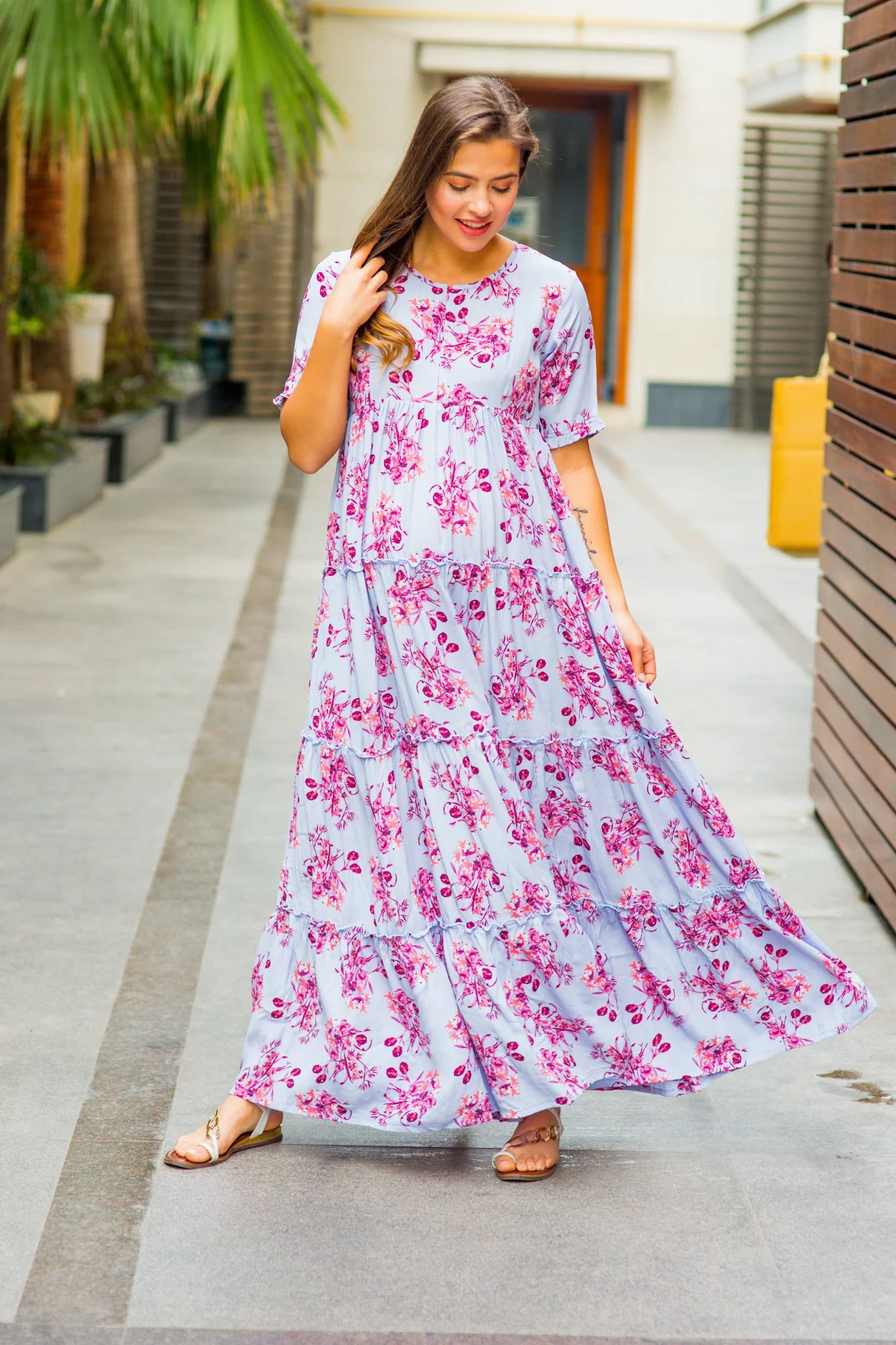 Multilayer Cyan Blue Frill Maternity & Nursing Dress - Chenance