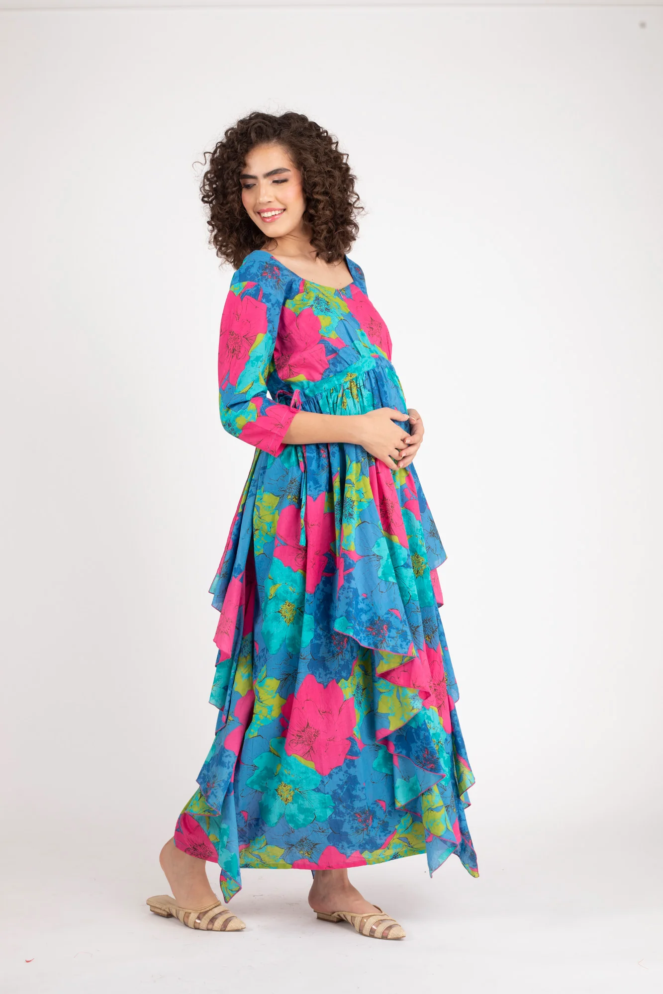 Dazzling Blue Maternity & Nursing Flow Dress (100% Cotton) - Chenance