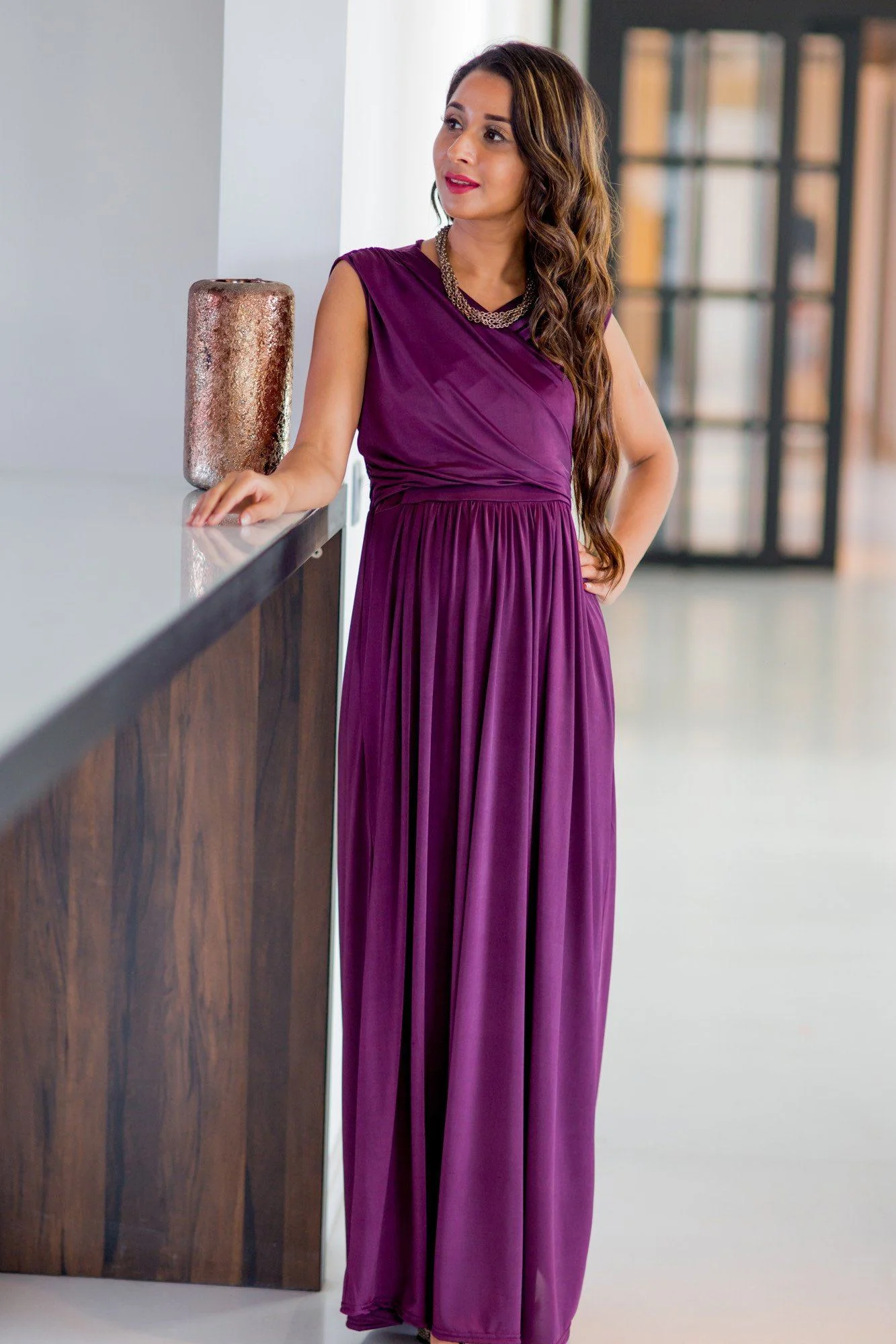 Plum Flowing Sleeveless Maternity & Nursing Wrap Dress - Chenance