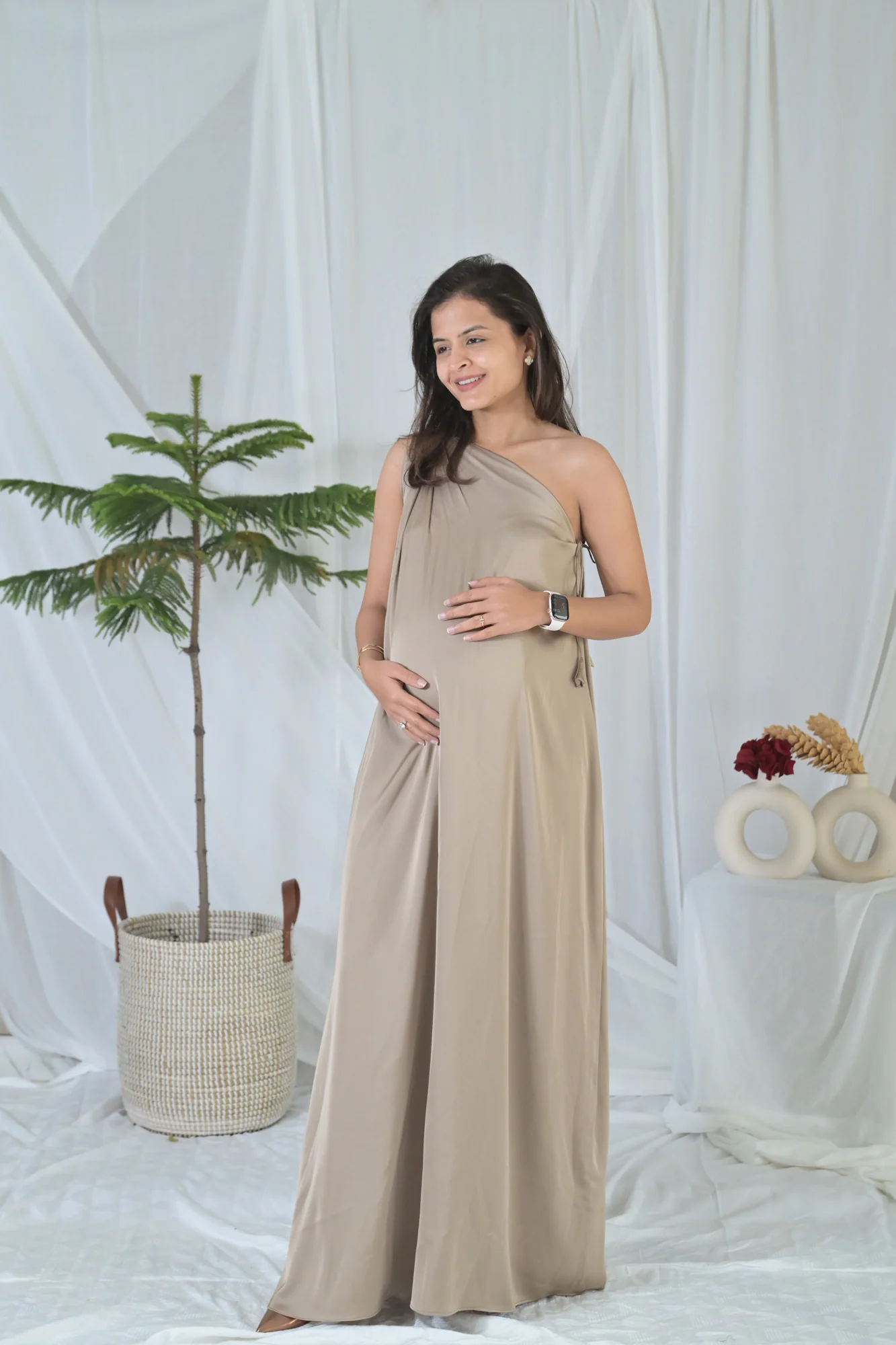 Luxe Sleek Golden Maternity Satin Gown - Chenance
