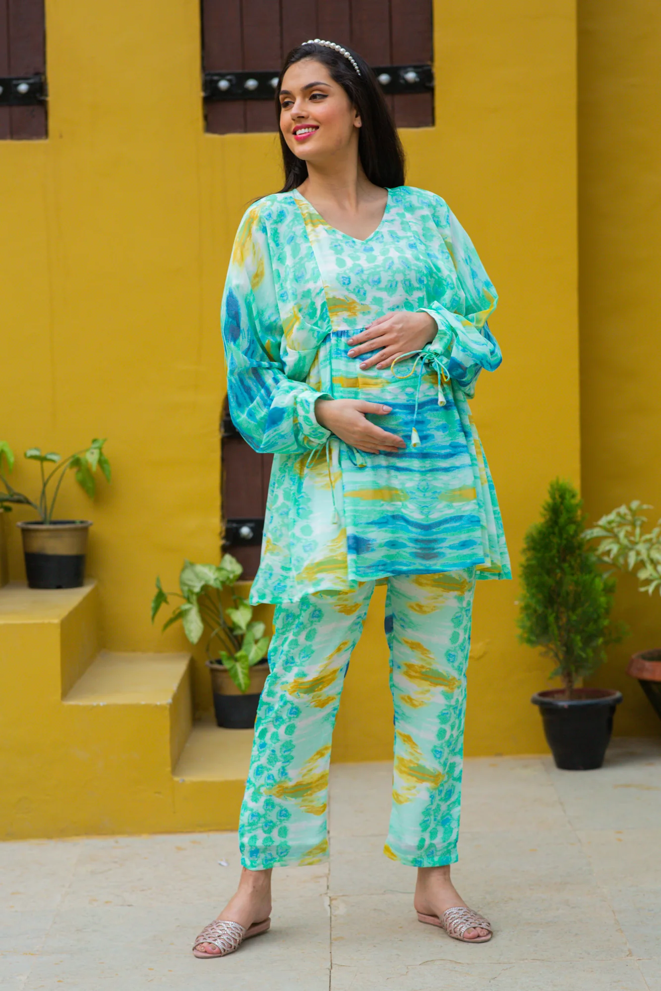 Luxe Aqua Tie & Dye Maternity & Nursing Lounge Coord Set (2 pc) - Chenance