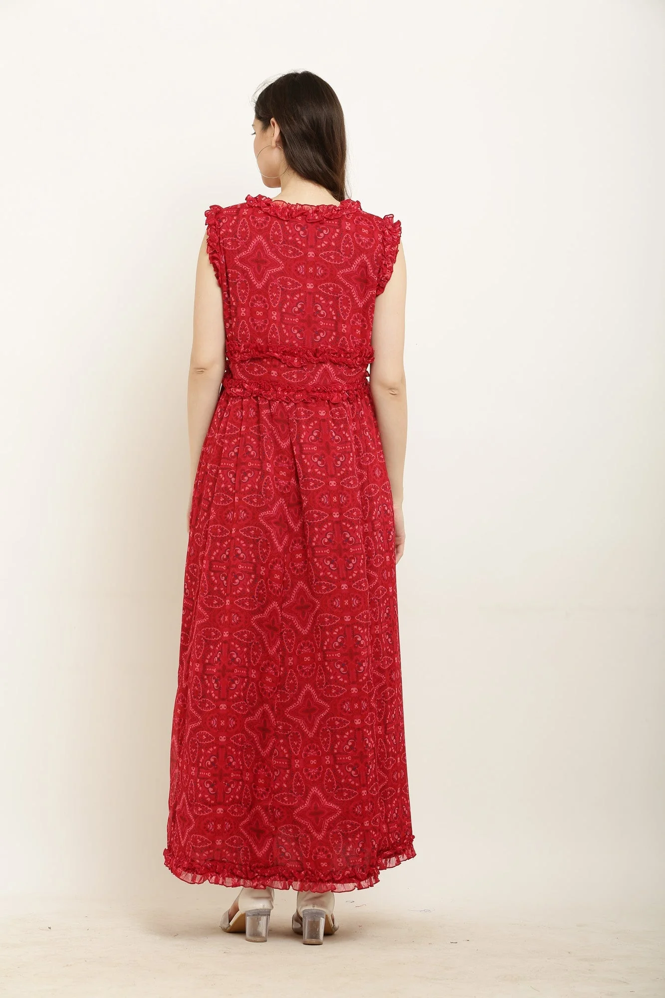Poppy Red Ethnic Print Maternity Chiffon Dress - Chenance