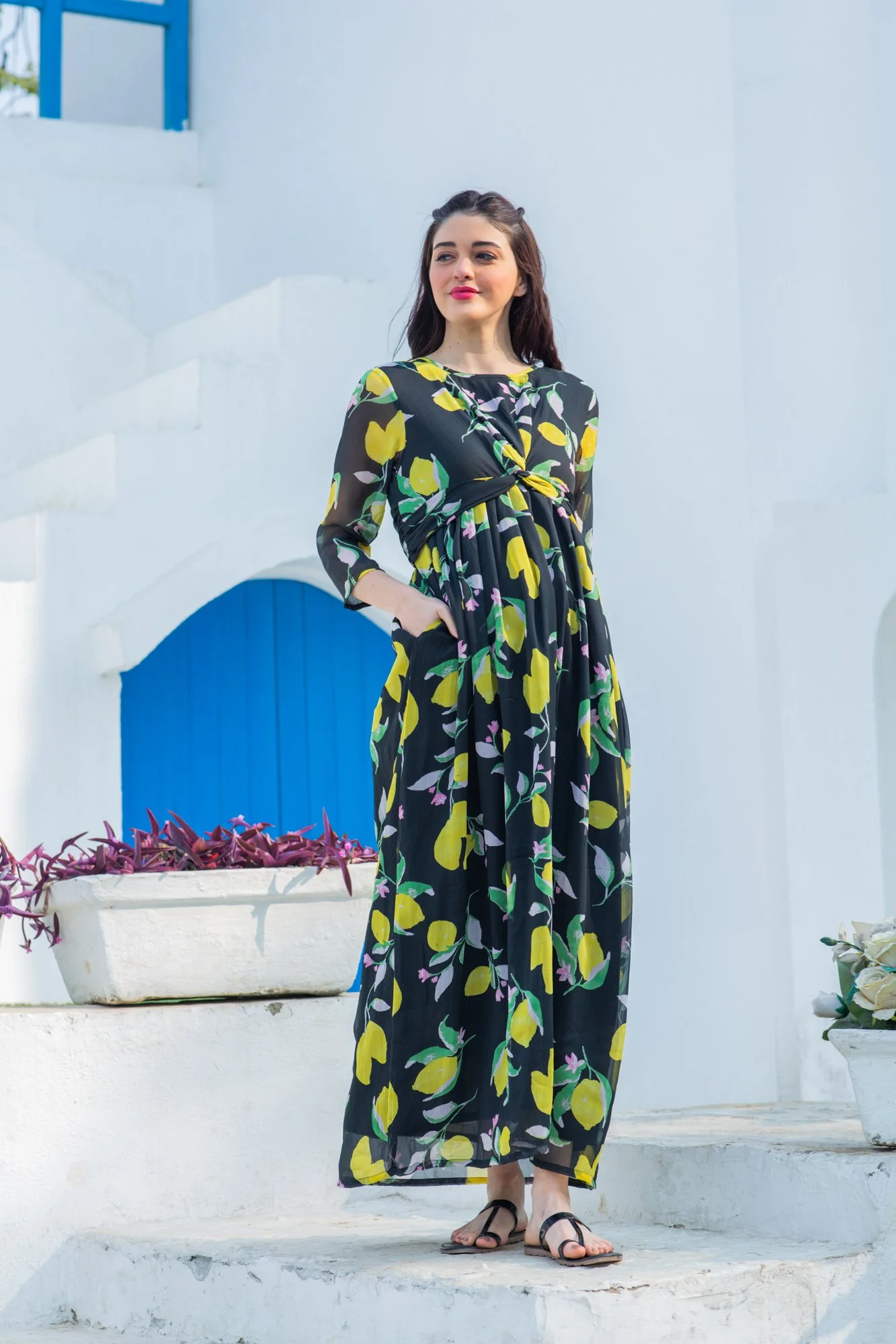 Midnight Lemon Crepe Maternity Knot Dress - Chenance