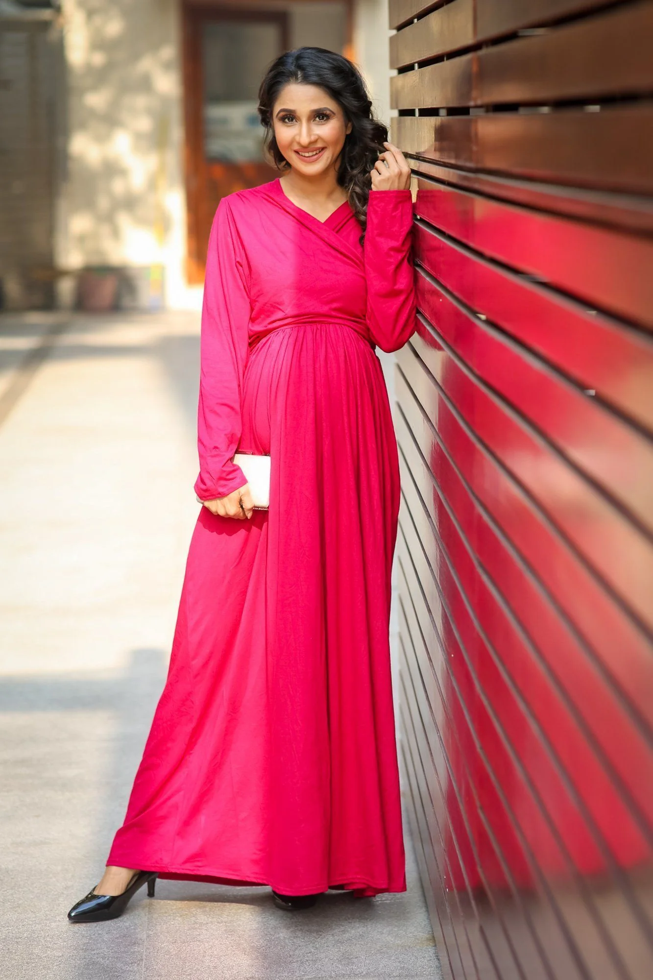 Royal Carnation Maternity & Nursing Lycra Wrap Dress - Chenance
