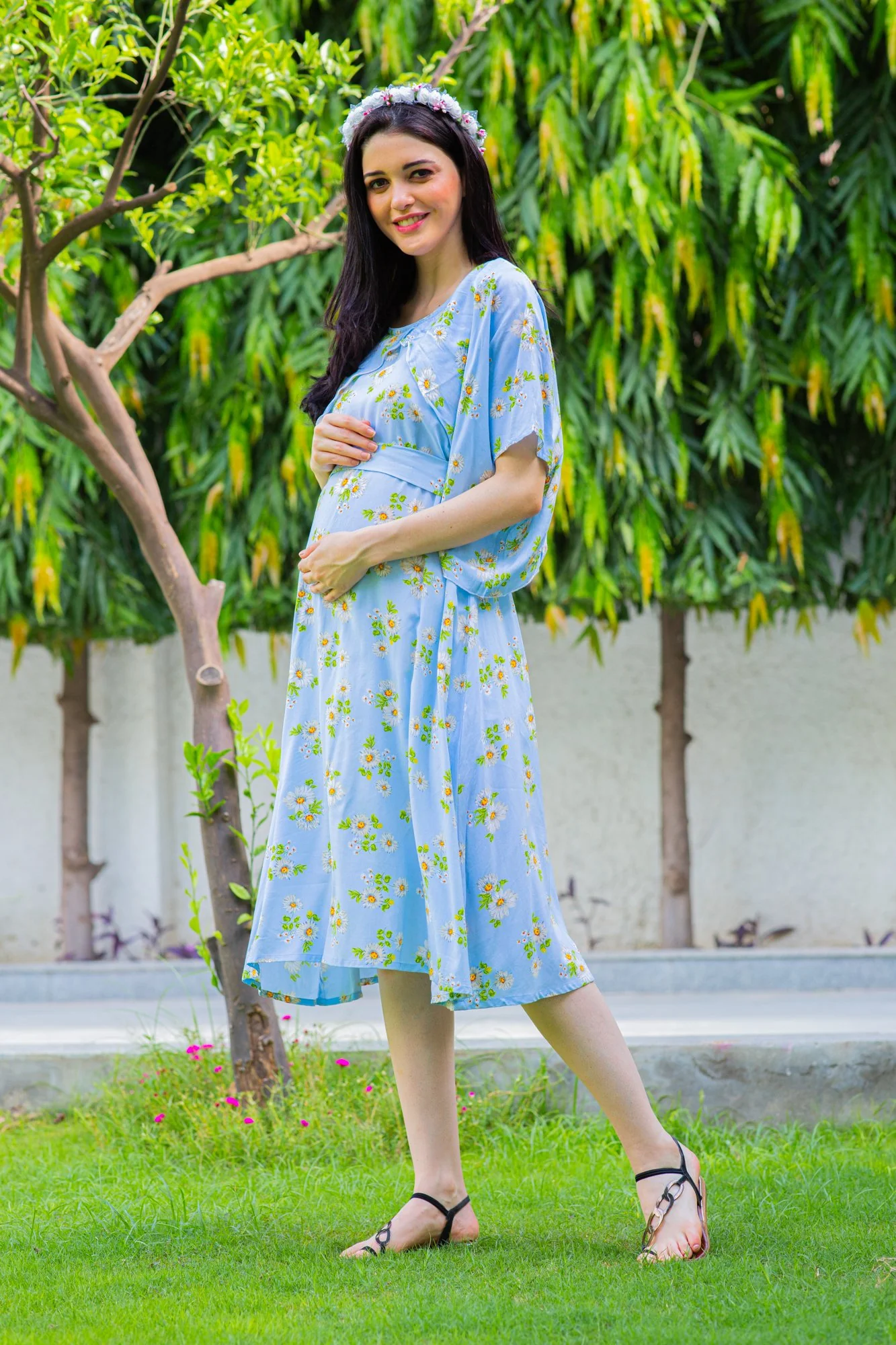 Sky Blue Maternity & Nursing Flap Dress - Chenance