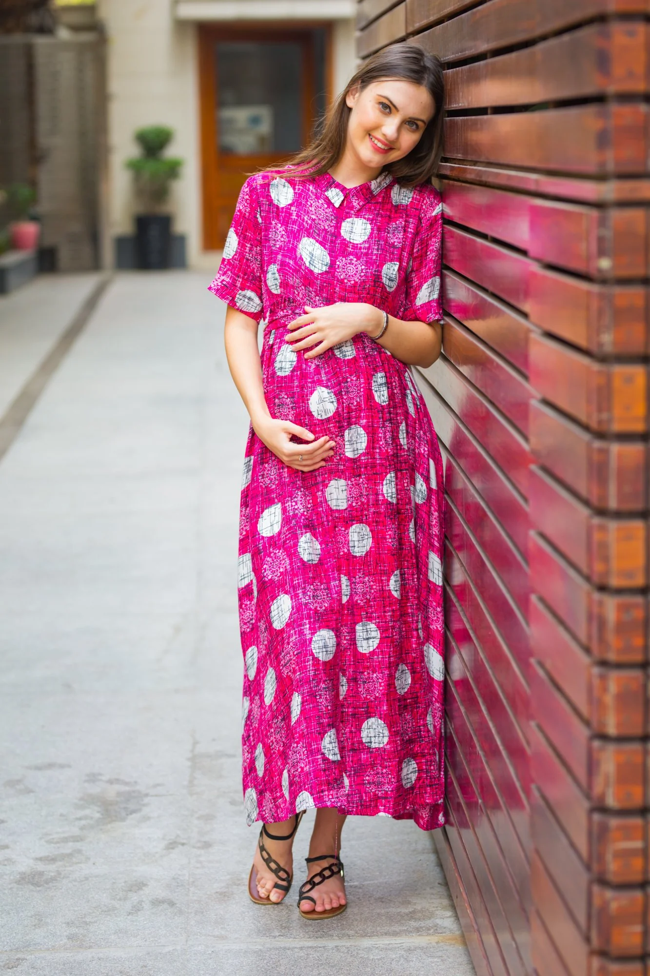 Magenta Polka Maternity & Nursing Kurta Dress - Chenance