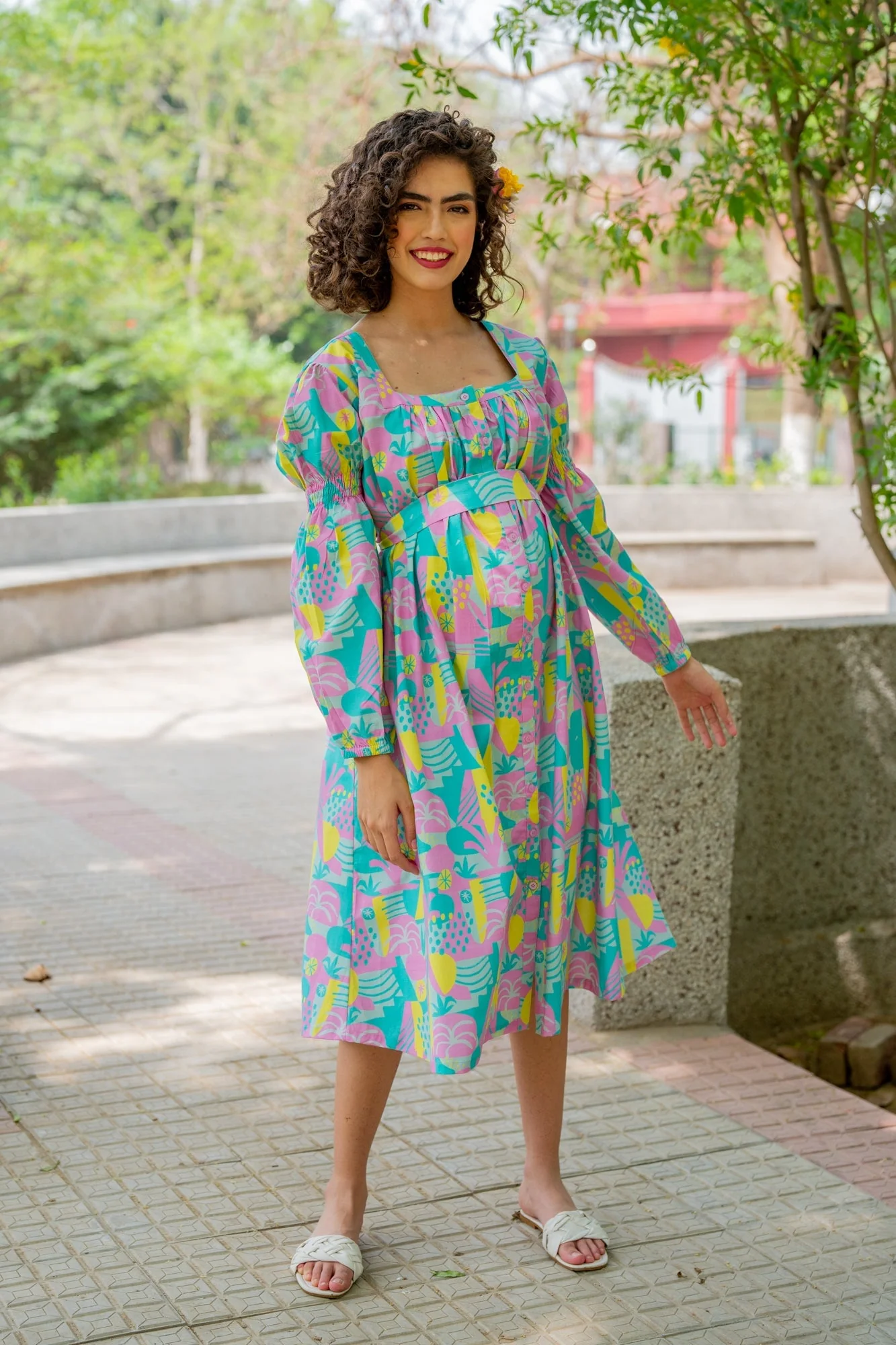 Dusty Blue Yellow Abstract Maternity & Nursing Dress (100% Cotton) - Chenance