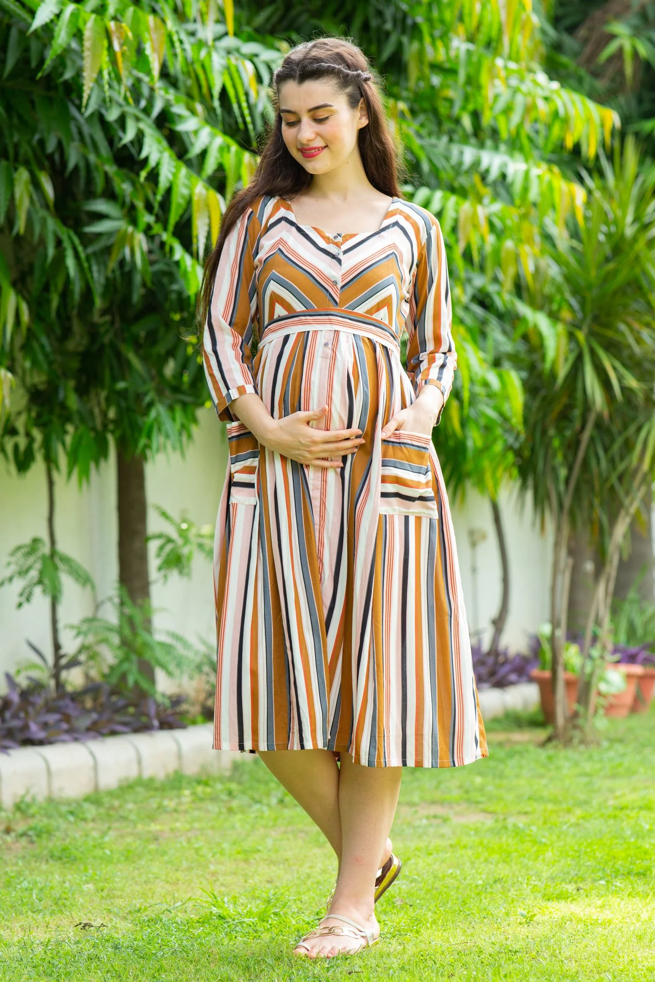 Multi Striped Pocket Maternity & Nursing Dress - Chenance