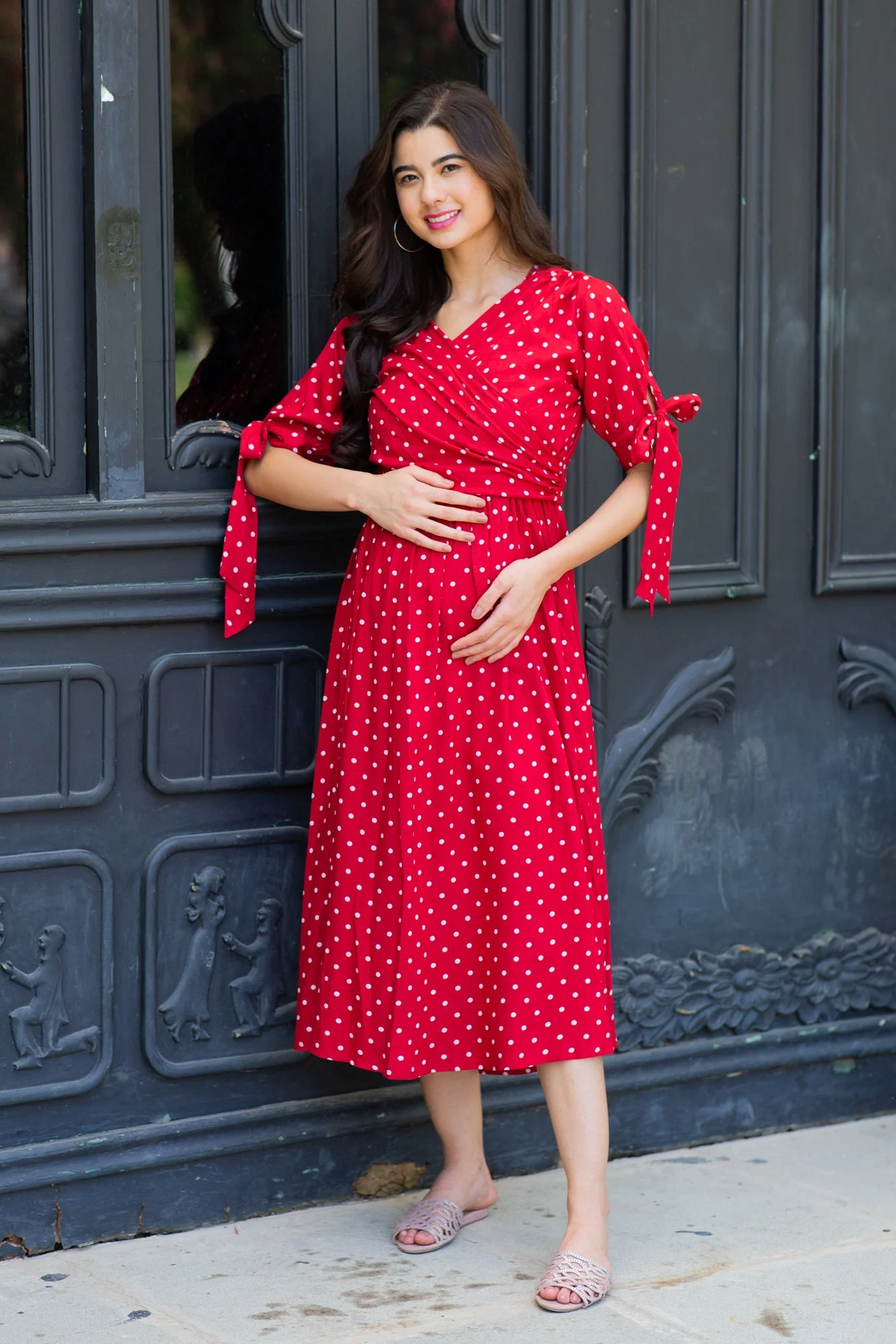 Paradise Cherry Dotted Maternity & Nursing Midi Wrap Dress - Chenance