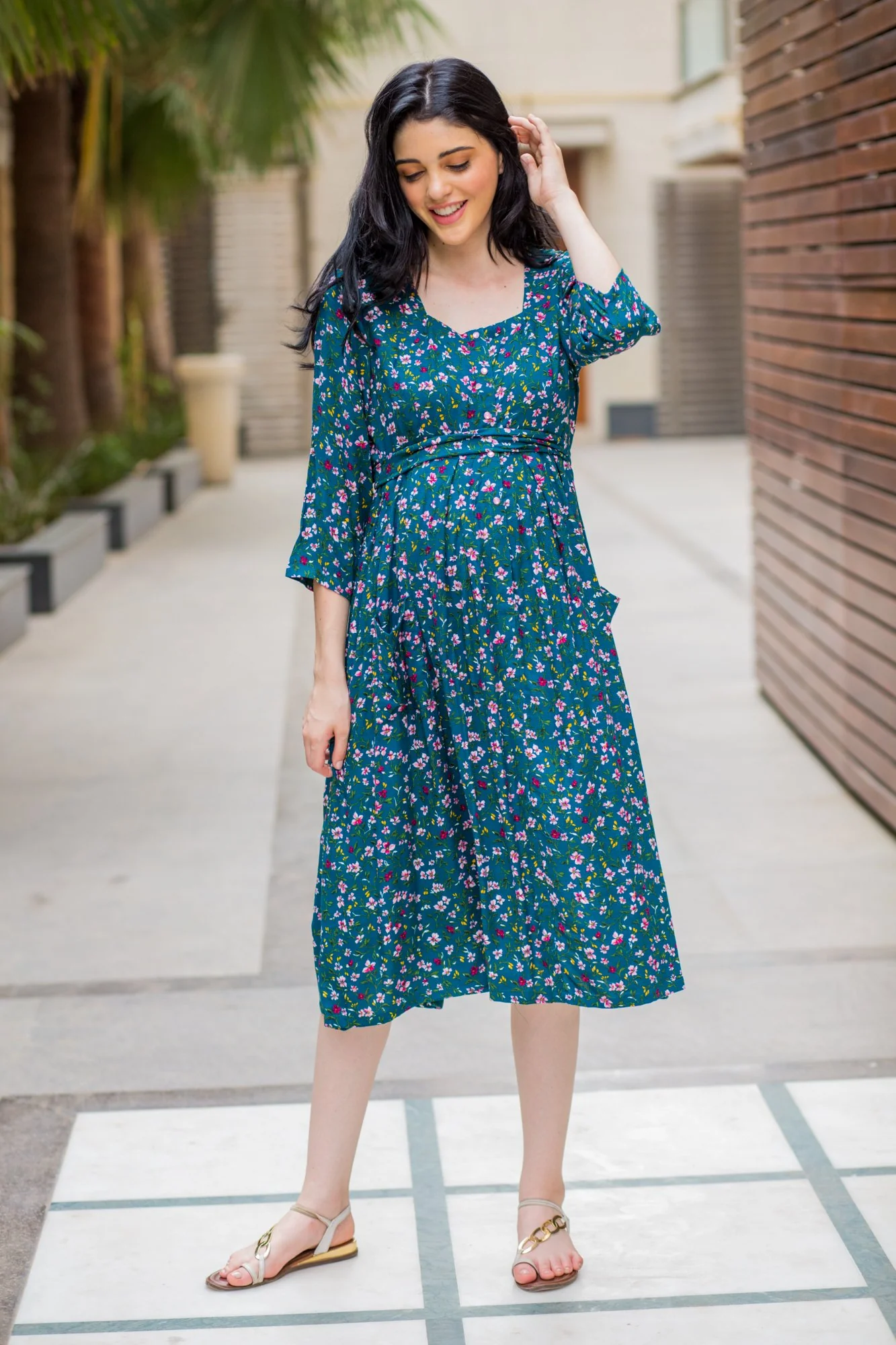 Pine Green Floral Pocket Maternity & Nursing Dress - Chenance