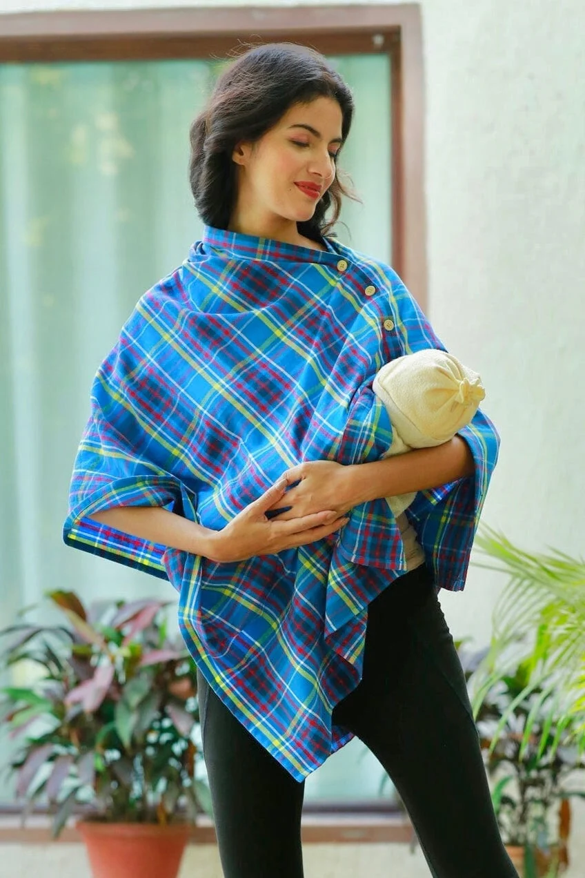 Lovesome Azure Blue Checks Versatile Nursing Stole - Chenance