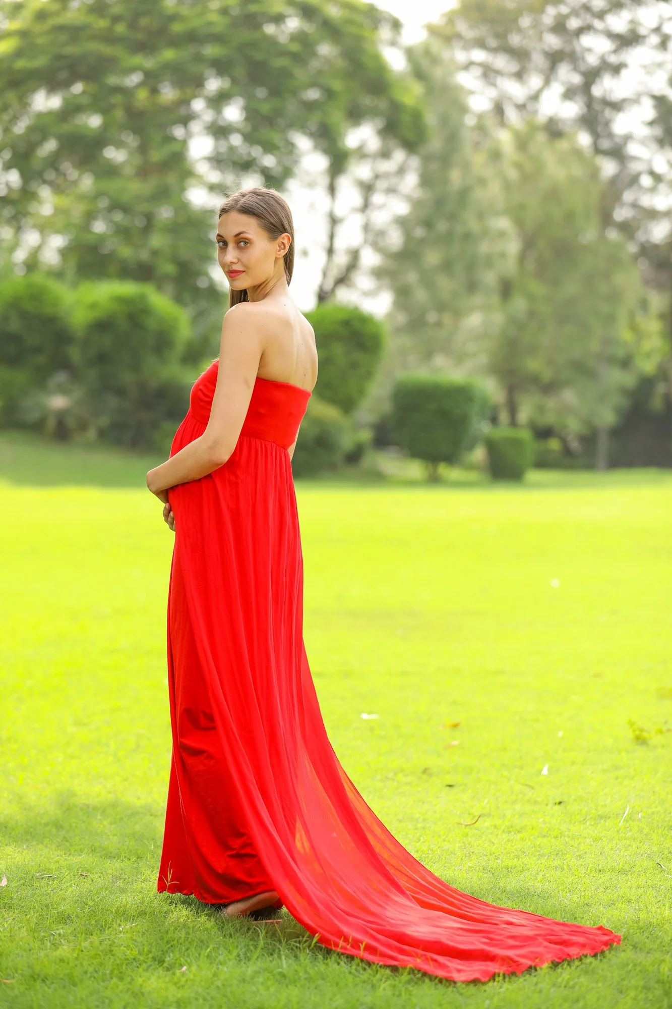 Luxe Cherry Red Off-Shoulder Trail Maternity Photoshoot Gown - Chenance