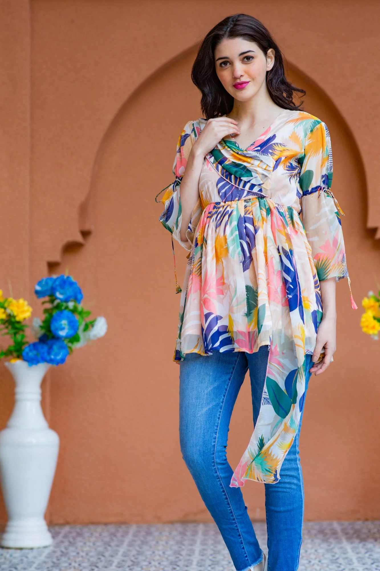 Offwhite Bloom Chiffon Gathered Maternity Top - Chenance
