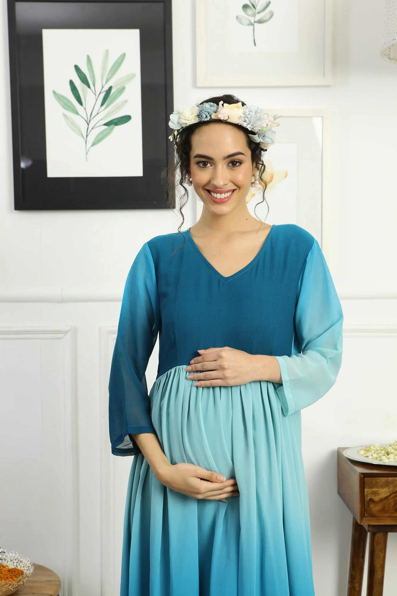 Paradise Blue Monochromatic Maternity Flow Maxi Dress - Chenance