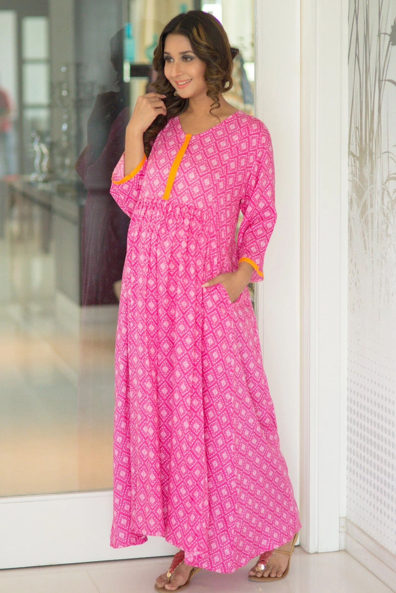 Rose Pink Front Zip Long Anarkali Dress - Chenance