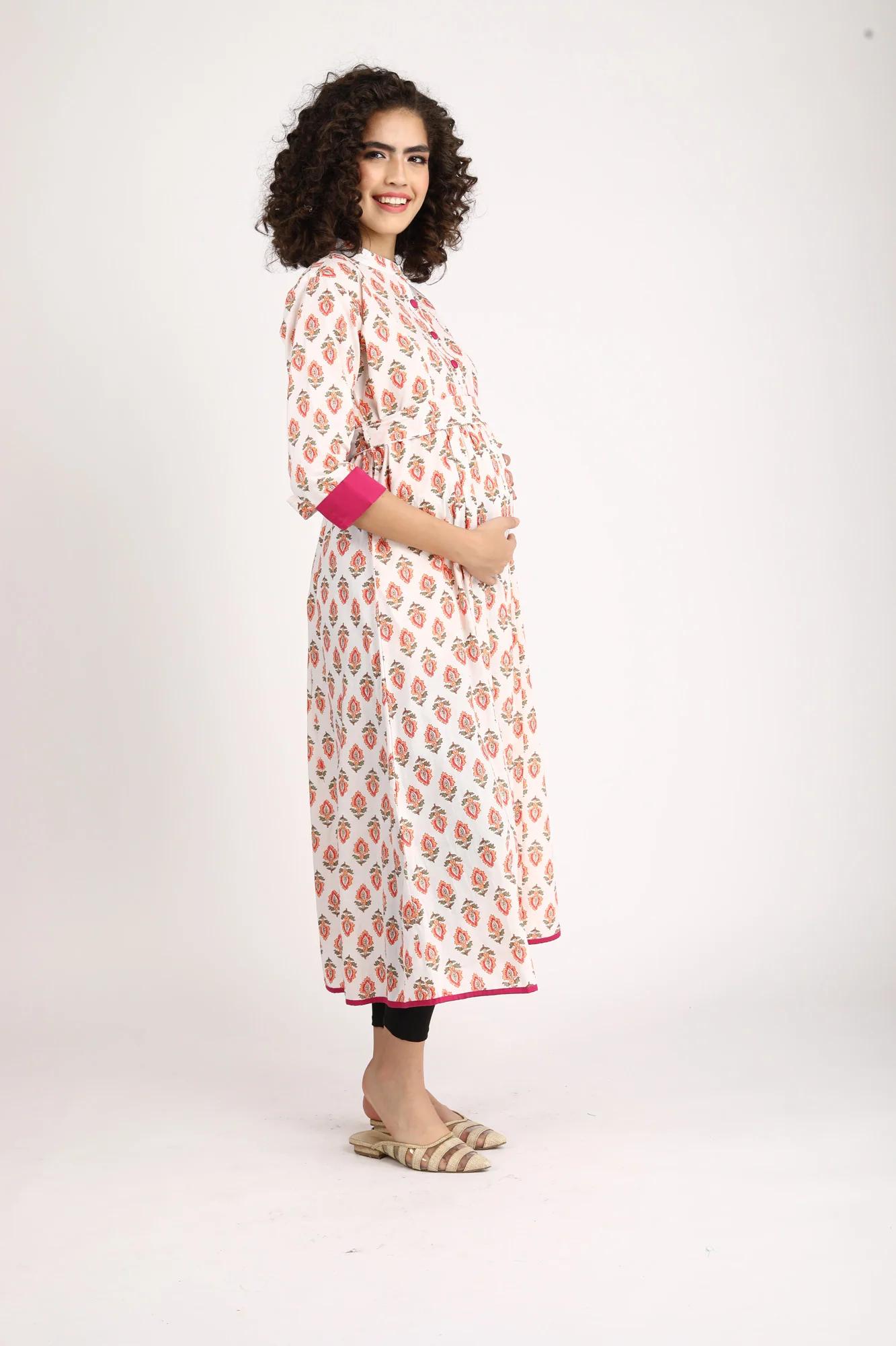 Orange White Maternity & Nursing Kurta (100% Cotton) - Chenance