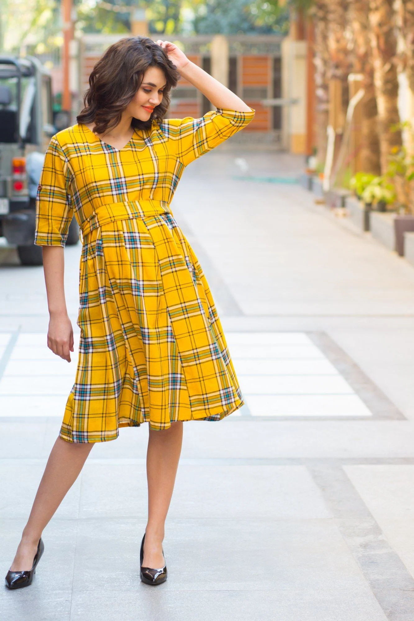 Spring Yellow Cotton Plaid Maternity & Nursing Dress - Chenance
