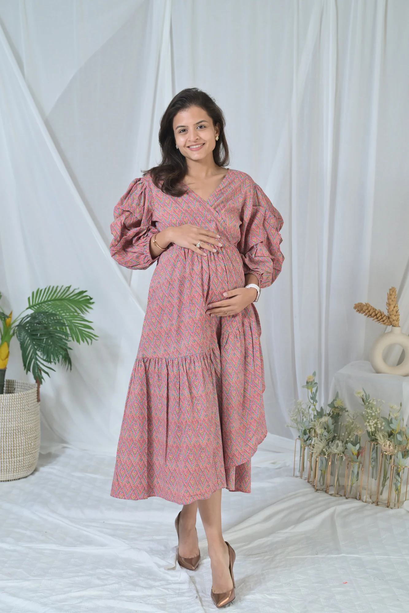 Nautical Pink Maternity & Nursing Frill Wrap Dress (100% Cotton) - Chenance